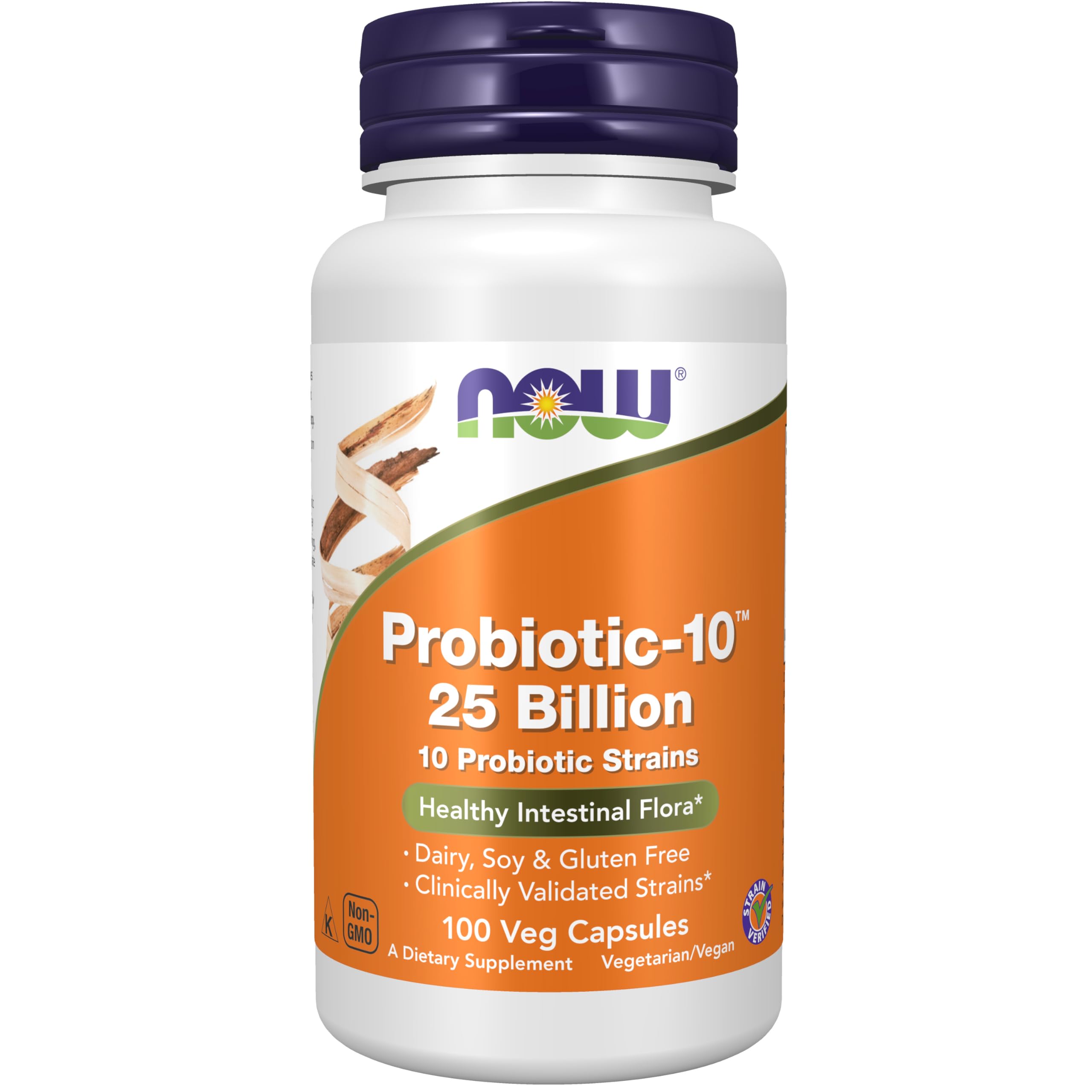 NOW Foods Probiotic-10 frasco con etiqueta visible para equilibrio intestinal.