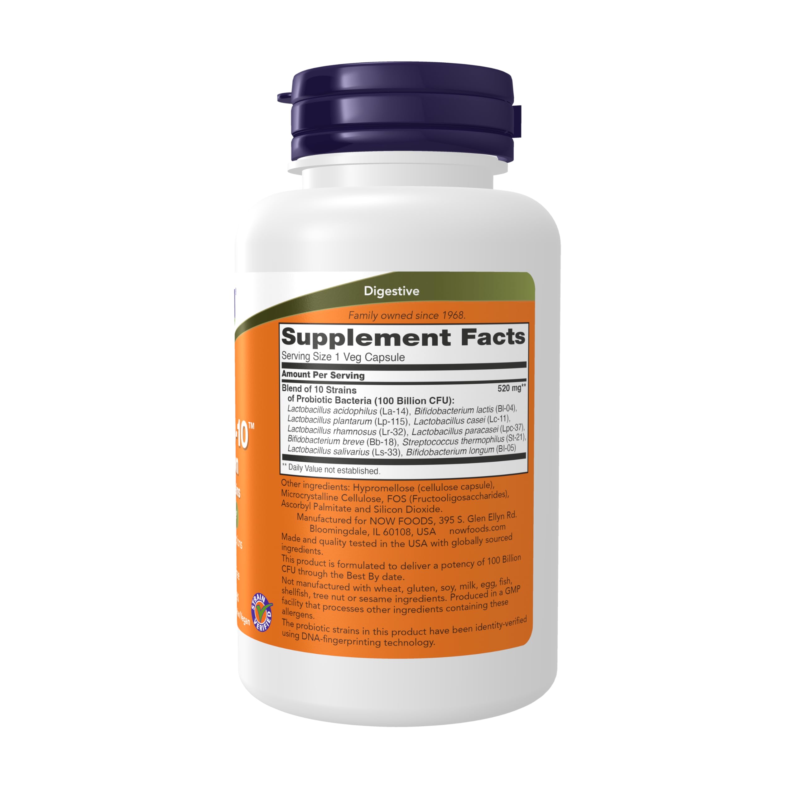 NOW Foods Probiotic-10: etiqueta clara con información de cepas