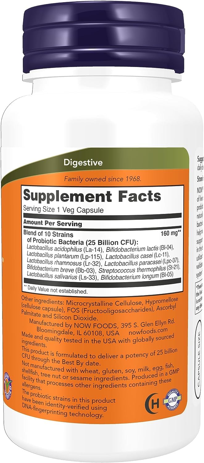NOW Foods Probiotic-10: etiqueta clara, posible apoyo al equilibrio intestinal en la vida cotidiana.