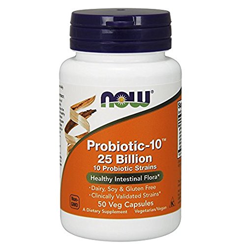 NOW Foods Probiotic-10, etiqueta informativa clara para conocer porciones y uso recomendado.
