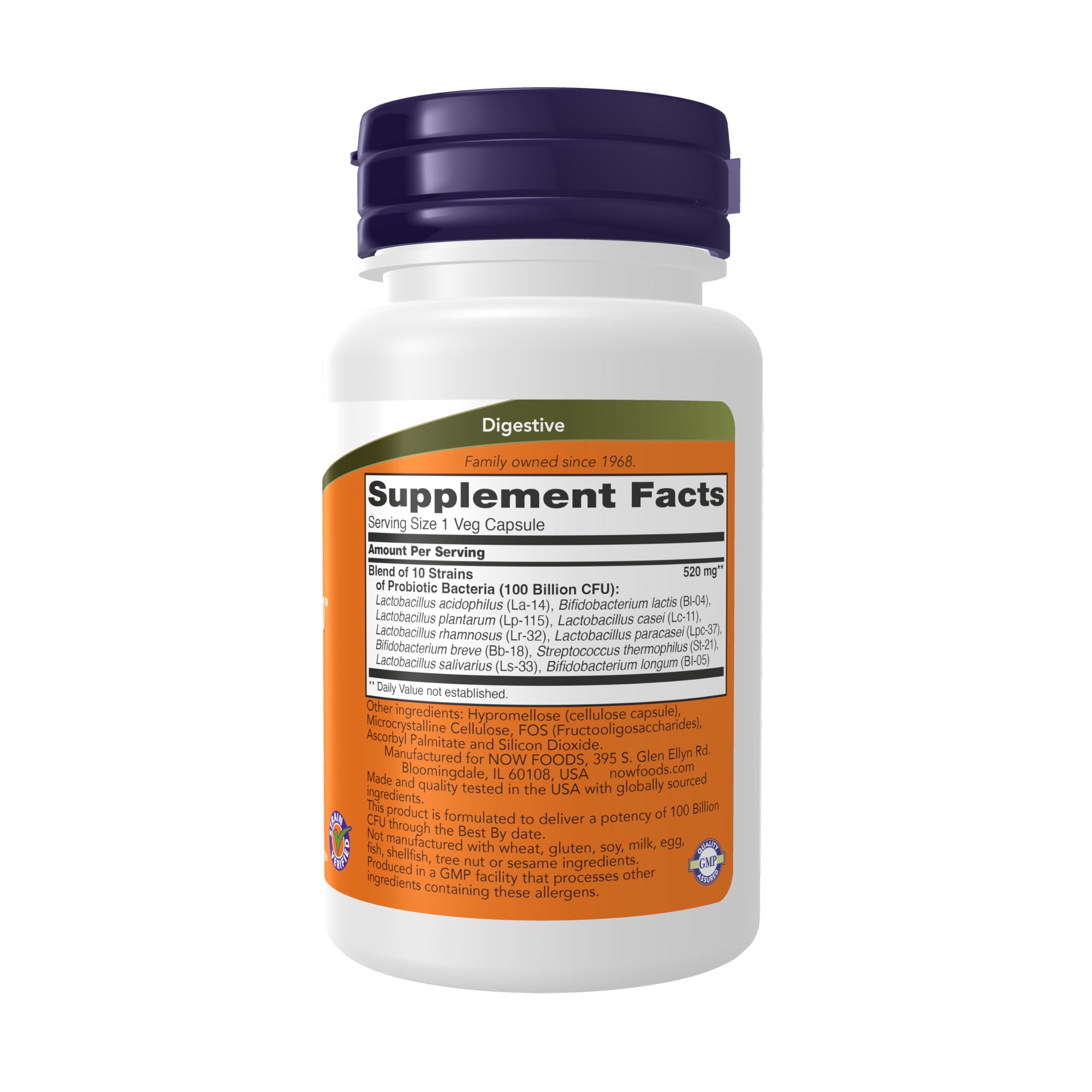 NOW Foods Probiotic-10 etiqueta verificada de cepas para confianza