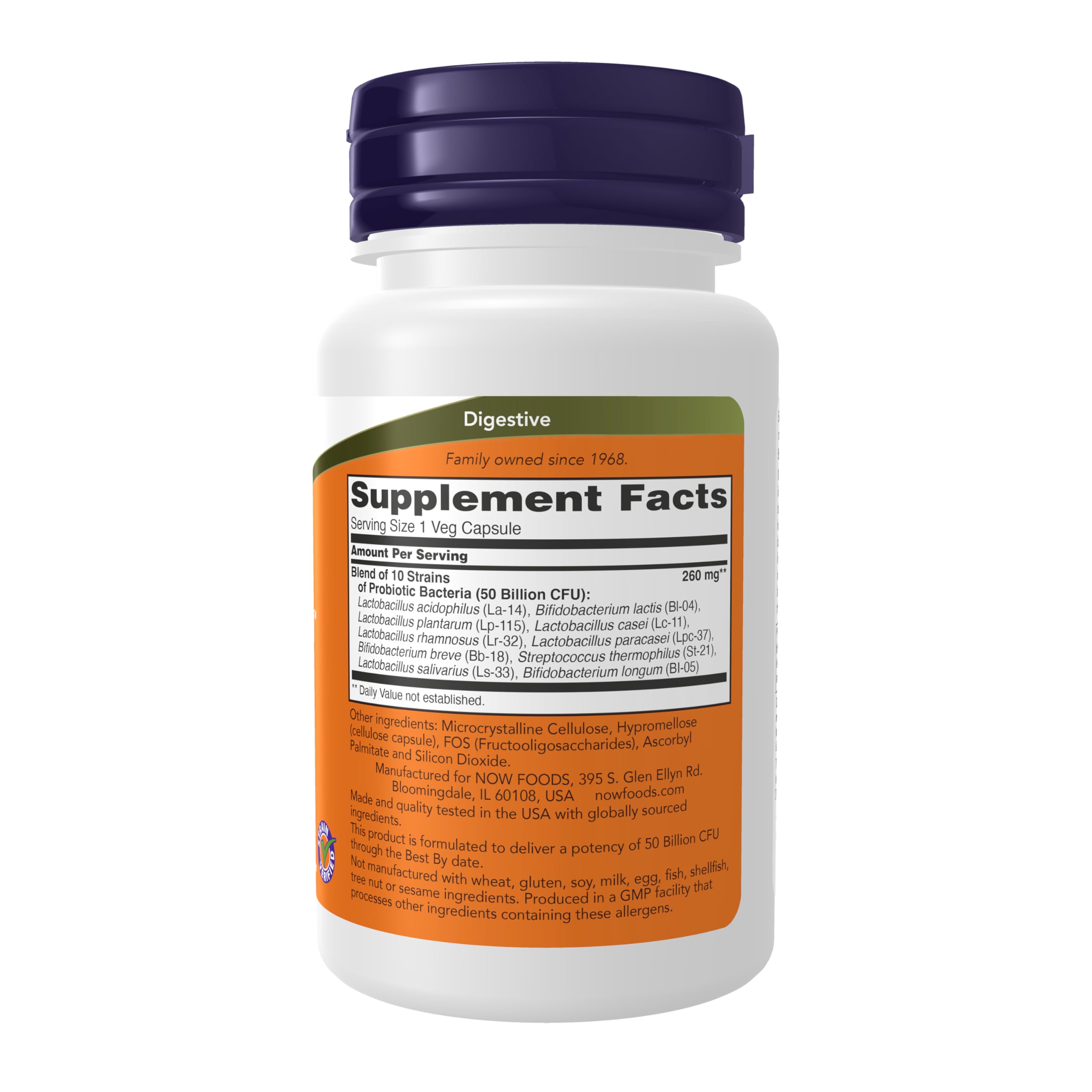 NOW Foods Probiótico-10, cápsulas en primer plano para salud intestinal.