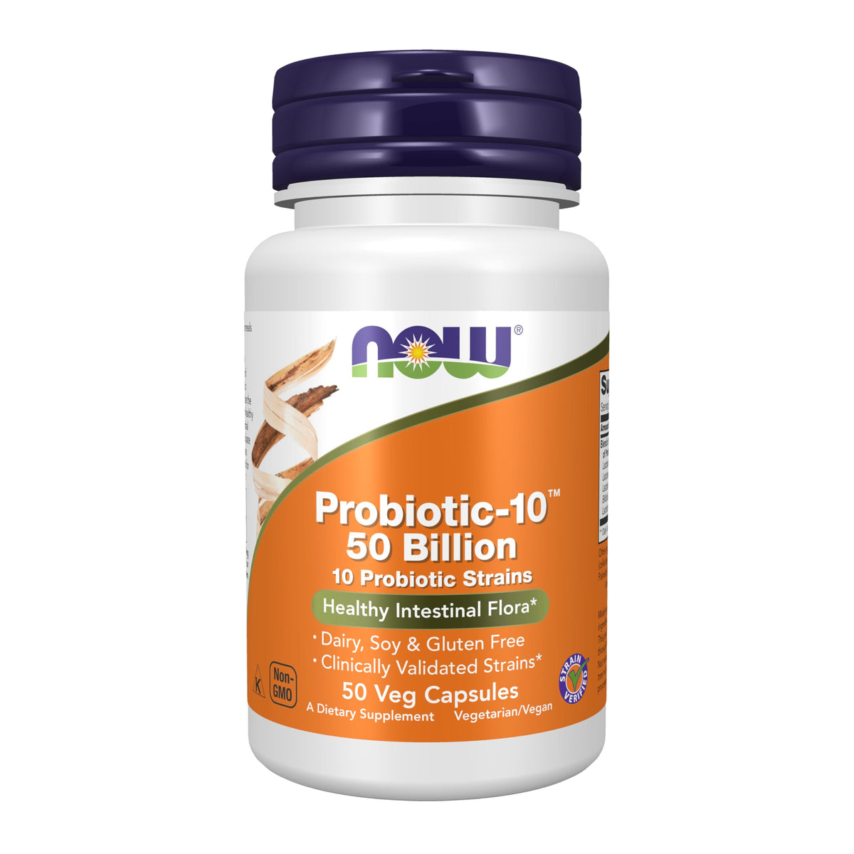 NOW Foods Probiótico-10, frasco frontal para apoyo digestivo saludable.
