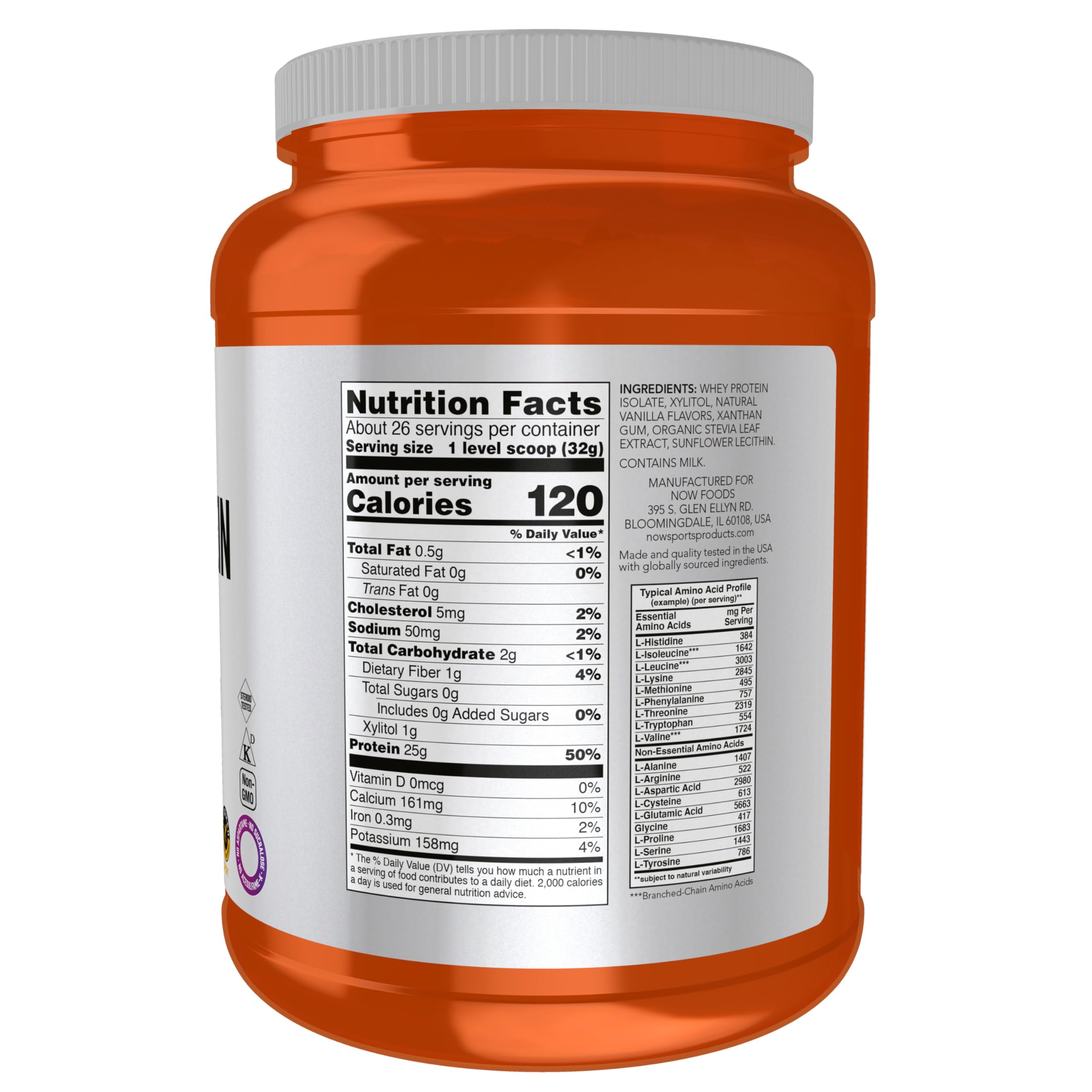 NOW Foods Proteína de Suero Aislada, porción medidora visible, facilita la preparación rápida.