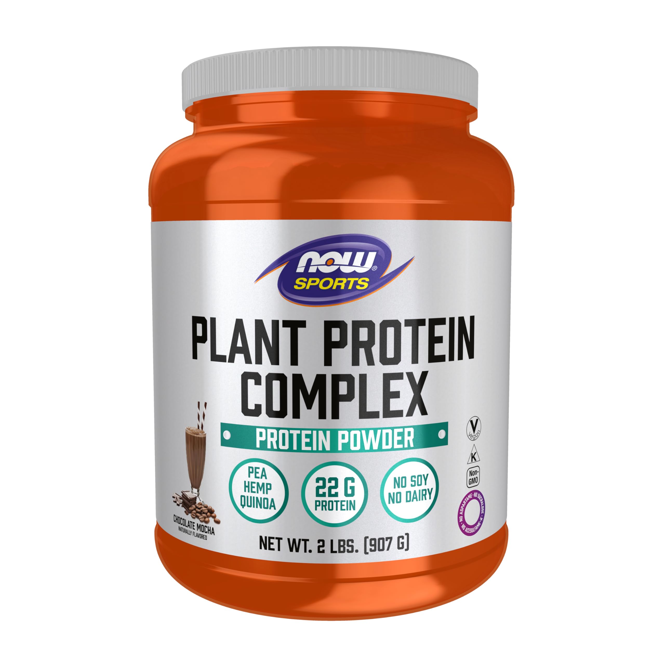 NOW Foods Proteína vegetal 22 g Chocolate Mocha en tubo frontal para entrenamientos.