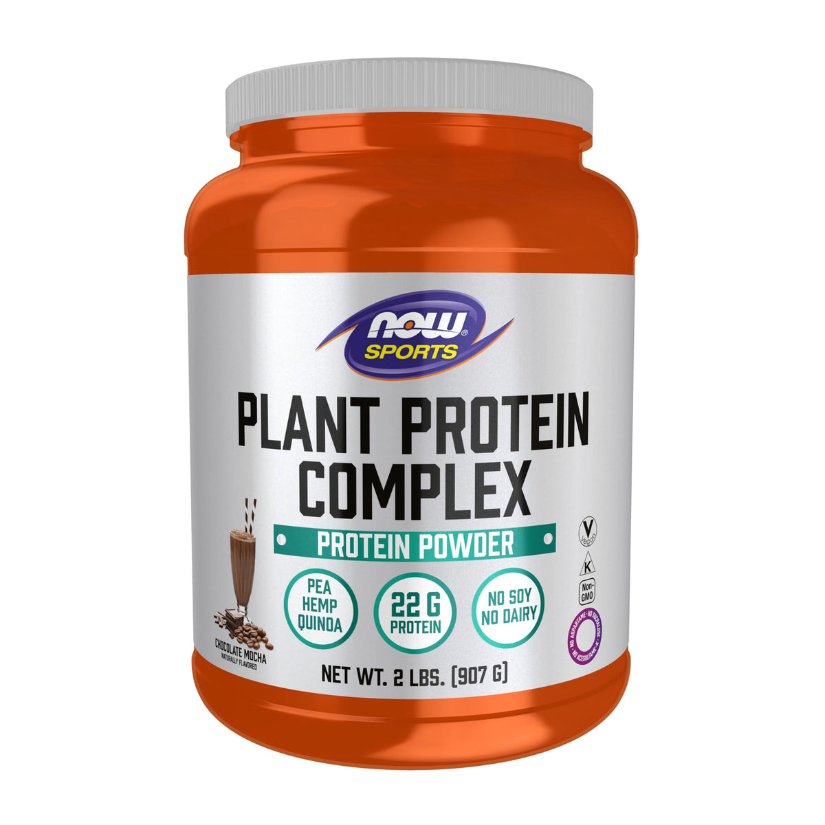 NOW Foods Proteína vegetal 22 g Chocolate Mocha en tubo frontal para entrenamientos.