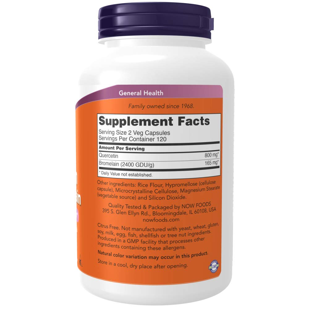 NOW Foods Quercetina con Bromelina: etiqueta frontal con información de uso y dosis.