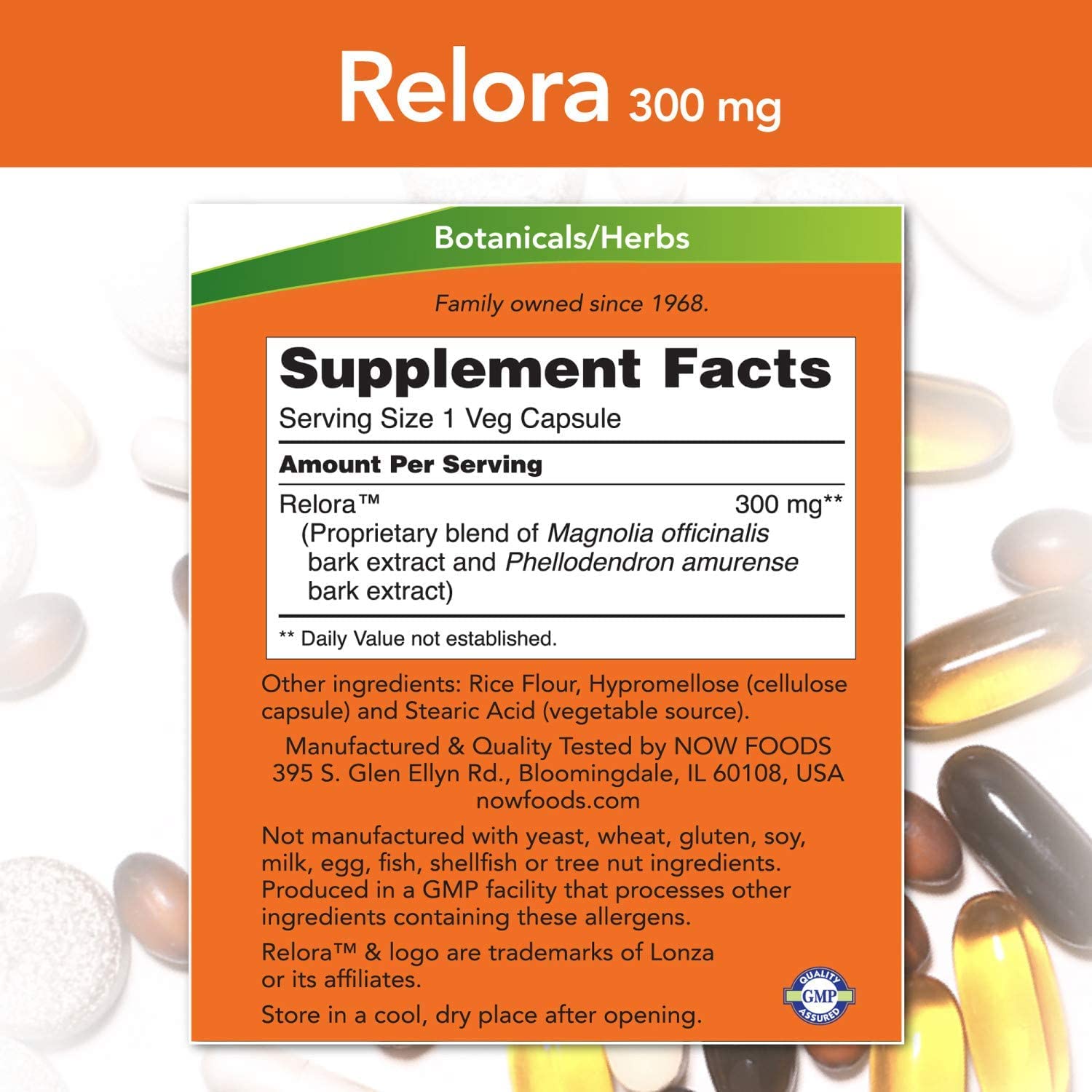NOW Foods Relora etiqueta frontal, envase con información del producto y dosis