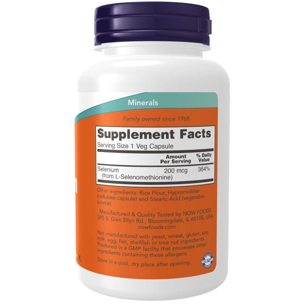 NOW Foods Selenium 200 mcg VCaps, cápsulas, etiqueta detallada para consumo vegetariano