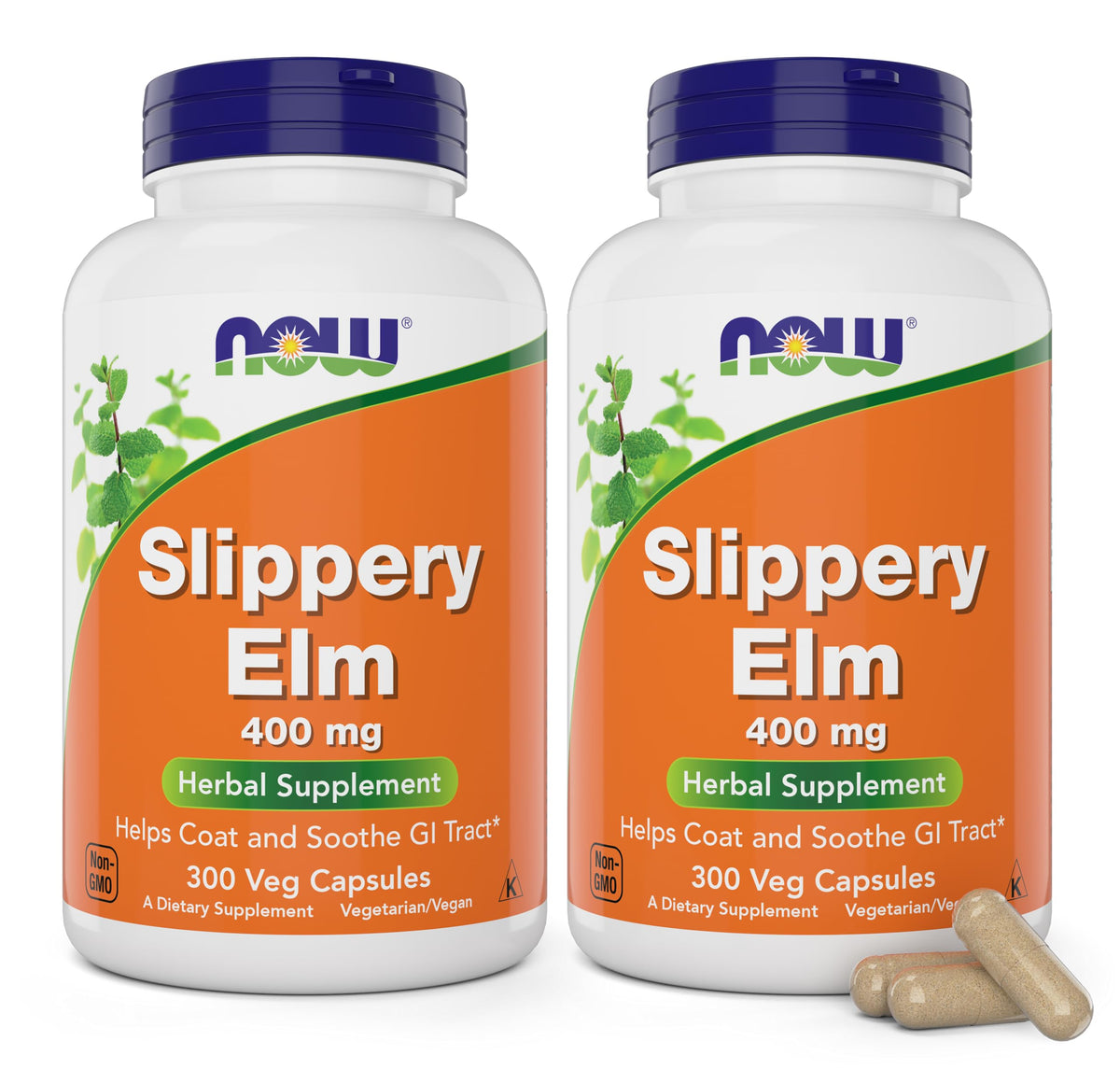 NOW Foods Slippery Elm en bote de cápsulas para uso diario suave.