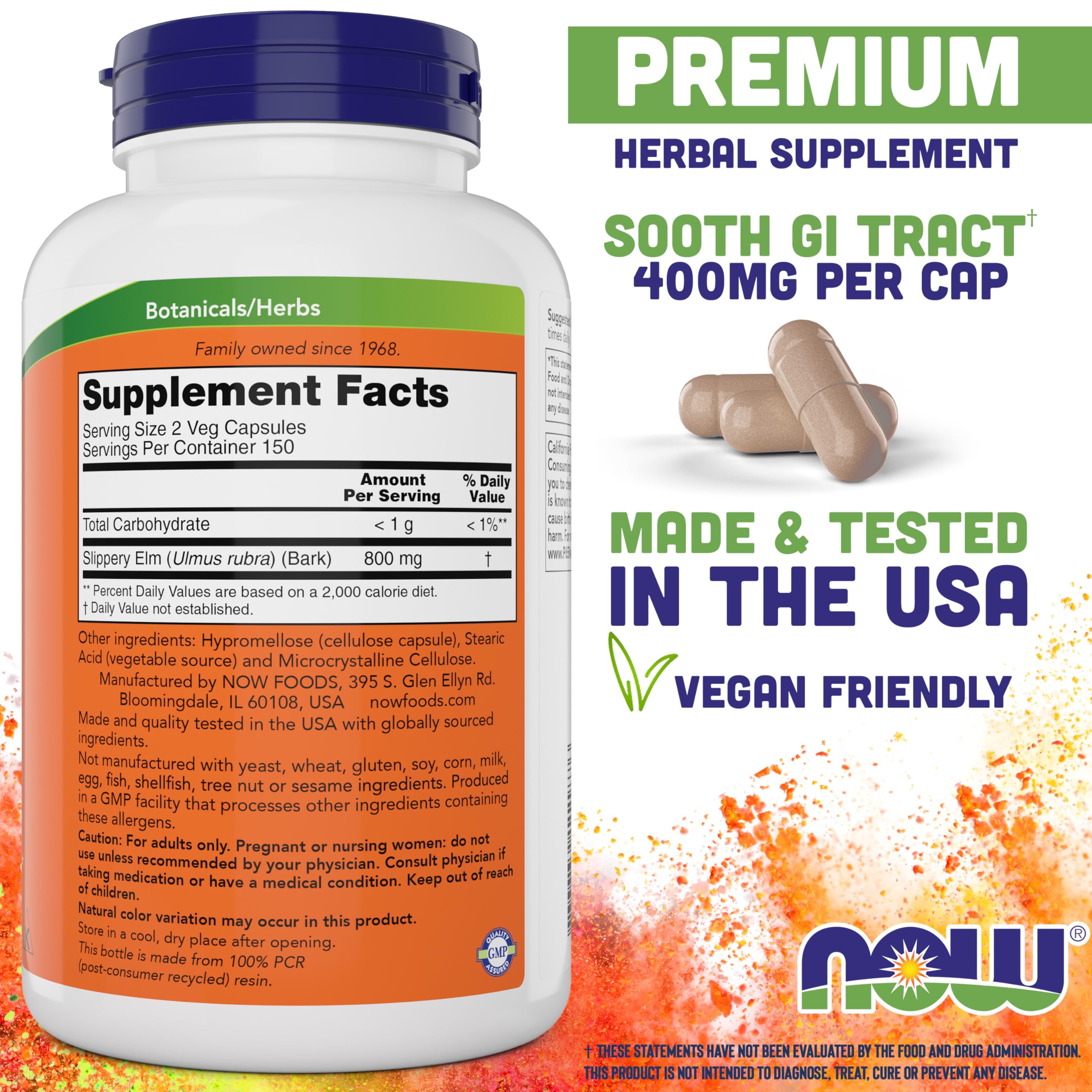 NOW Foods Slippery Elm, 300 cápsulas, ideal para consumo diario y conveniencia.