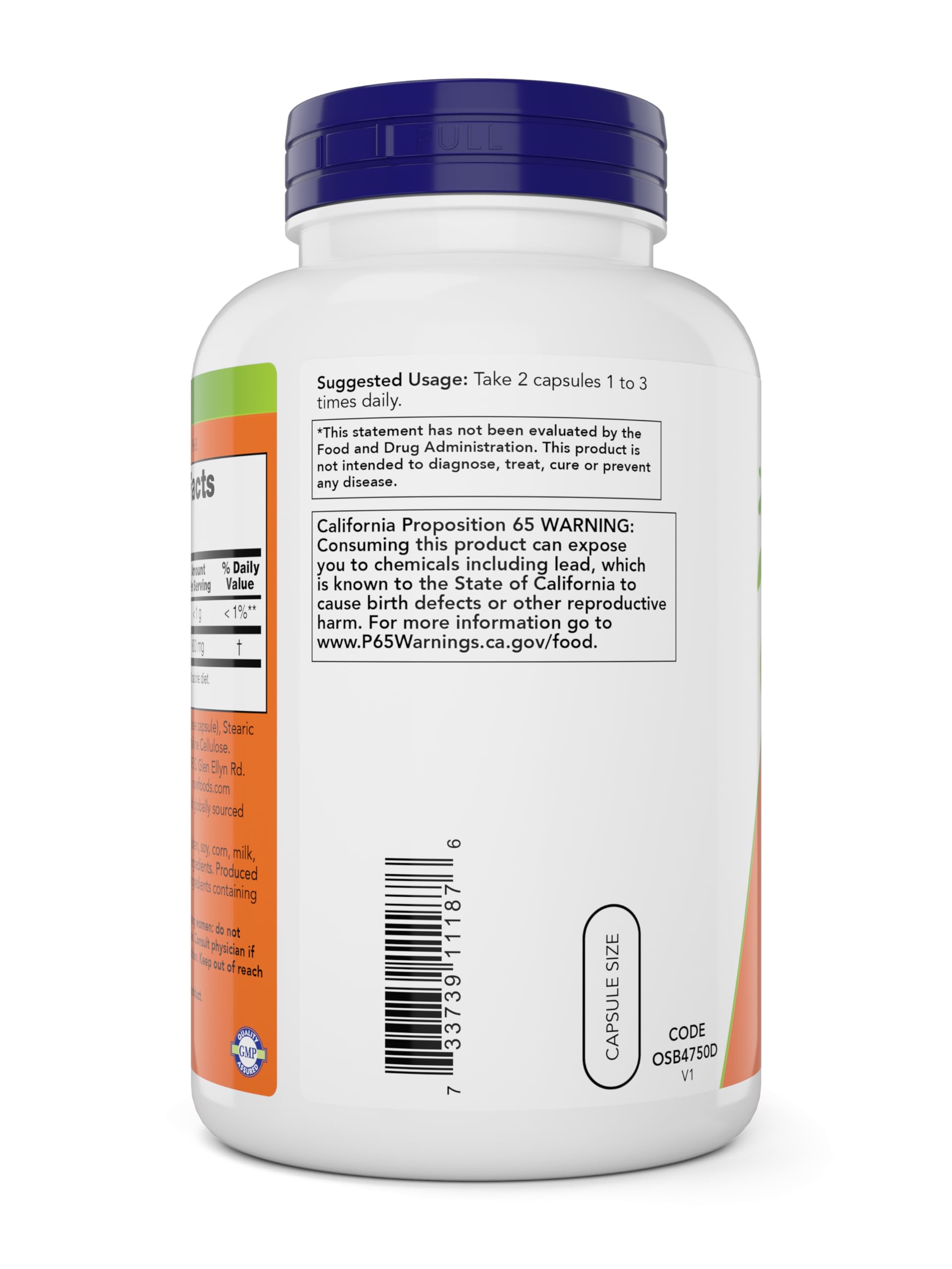 Etiqueta del producto NOW Foods Slippery Elm con información clara de uso.
