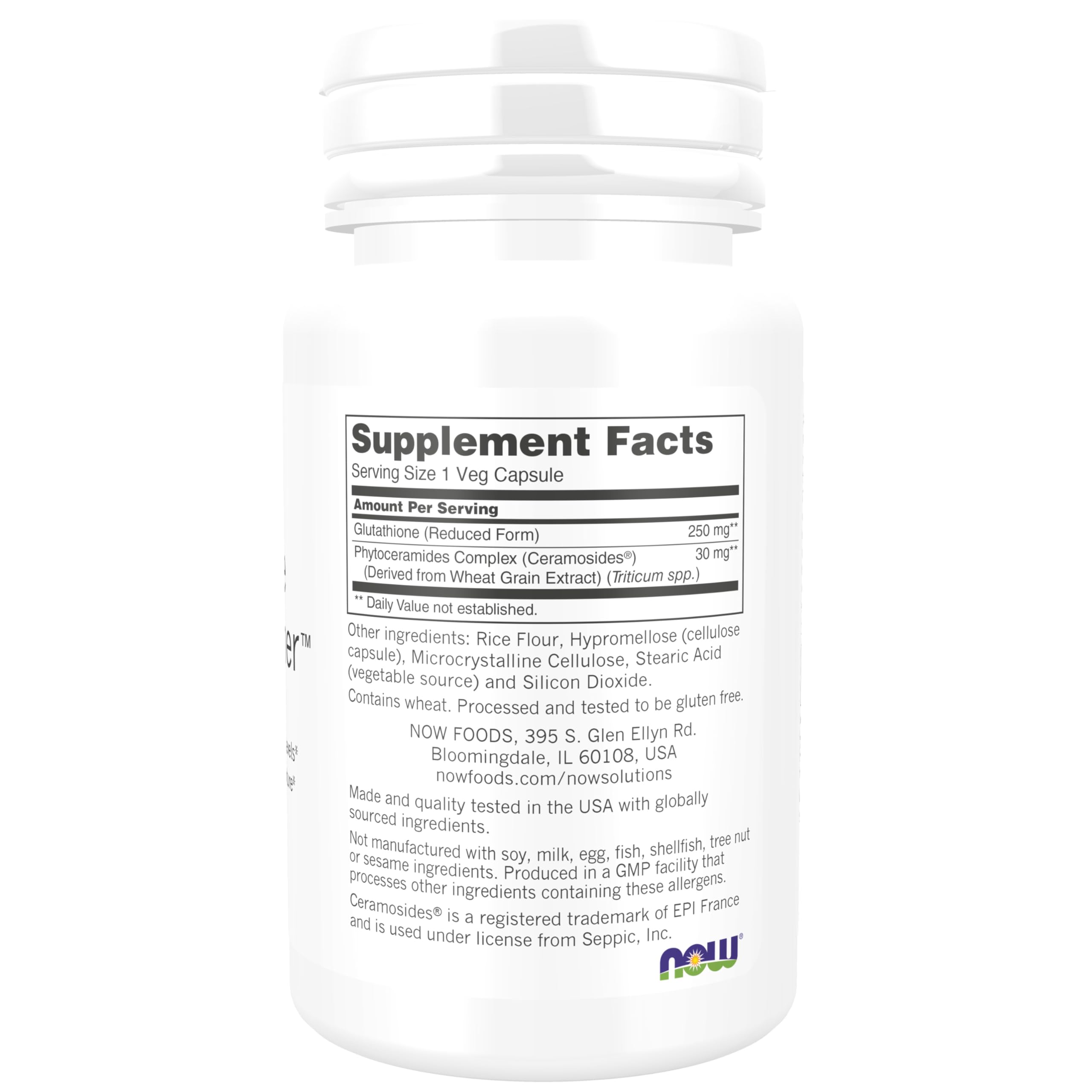 NOW Foods Solutions Glutatión Ceramosides Etiqueta: ceramidas que apoyan la hidratación profunda.
