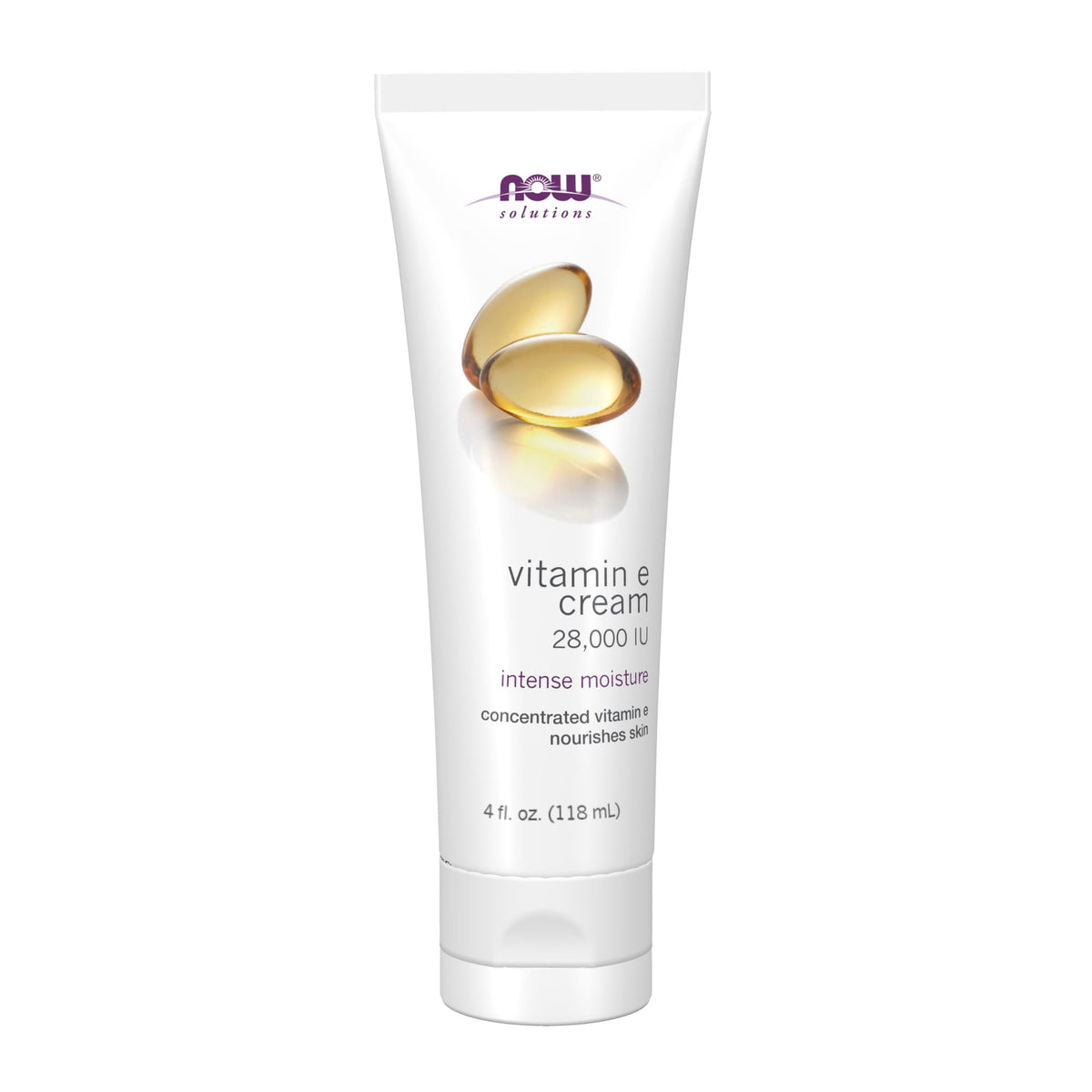 NOW Foods Solutions crema vitamina E 28,000 UI, botella para hidratación diaria.