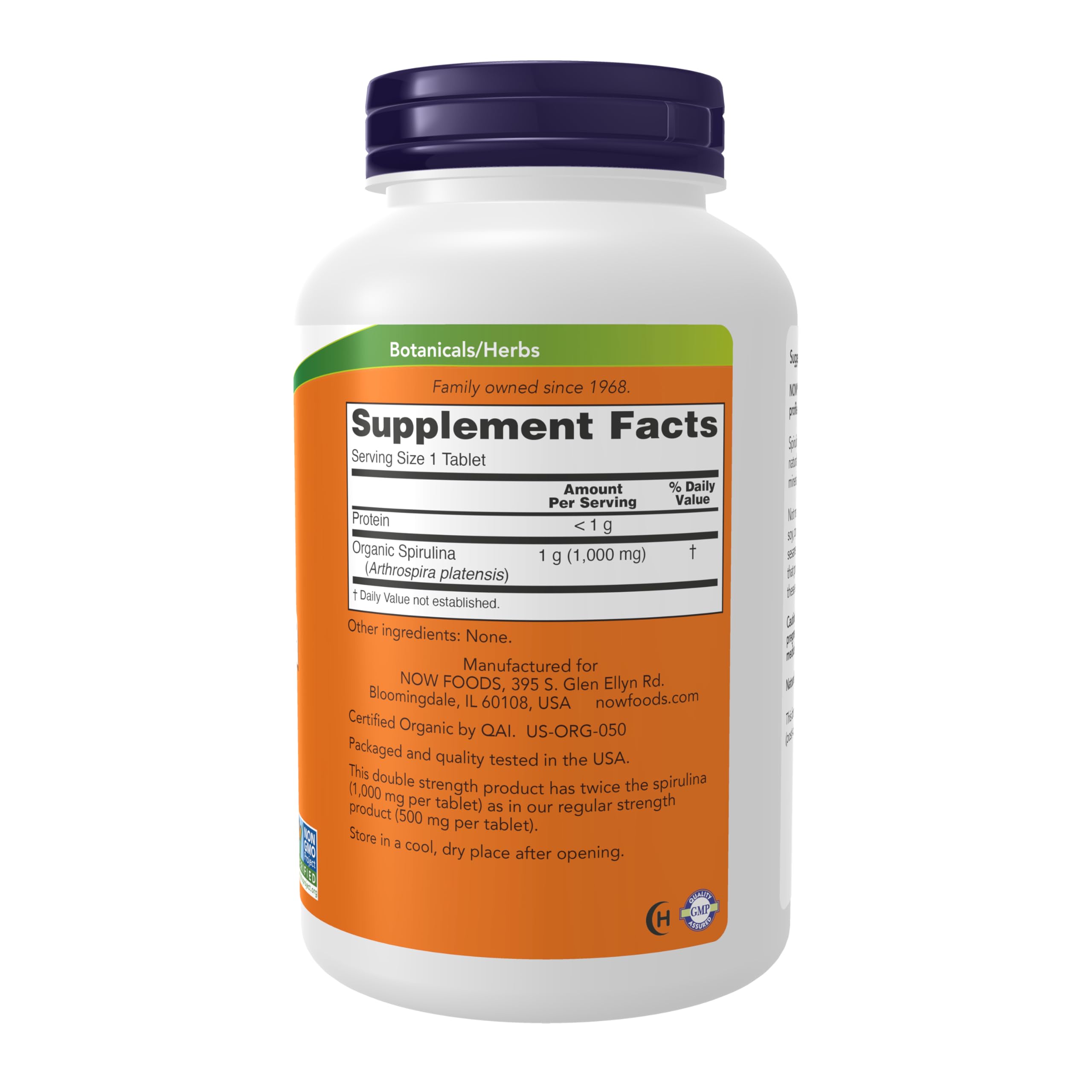 Etiqueta orgánica NOW Foods Spirulina 1000 mg en envase de 240 tabletas.