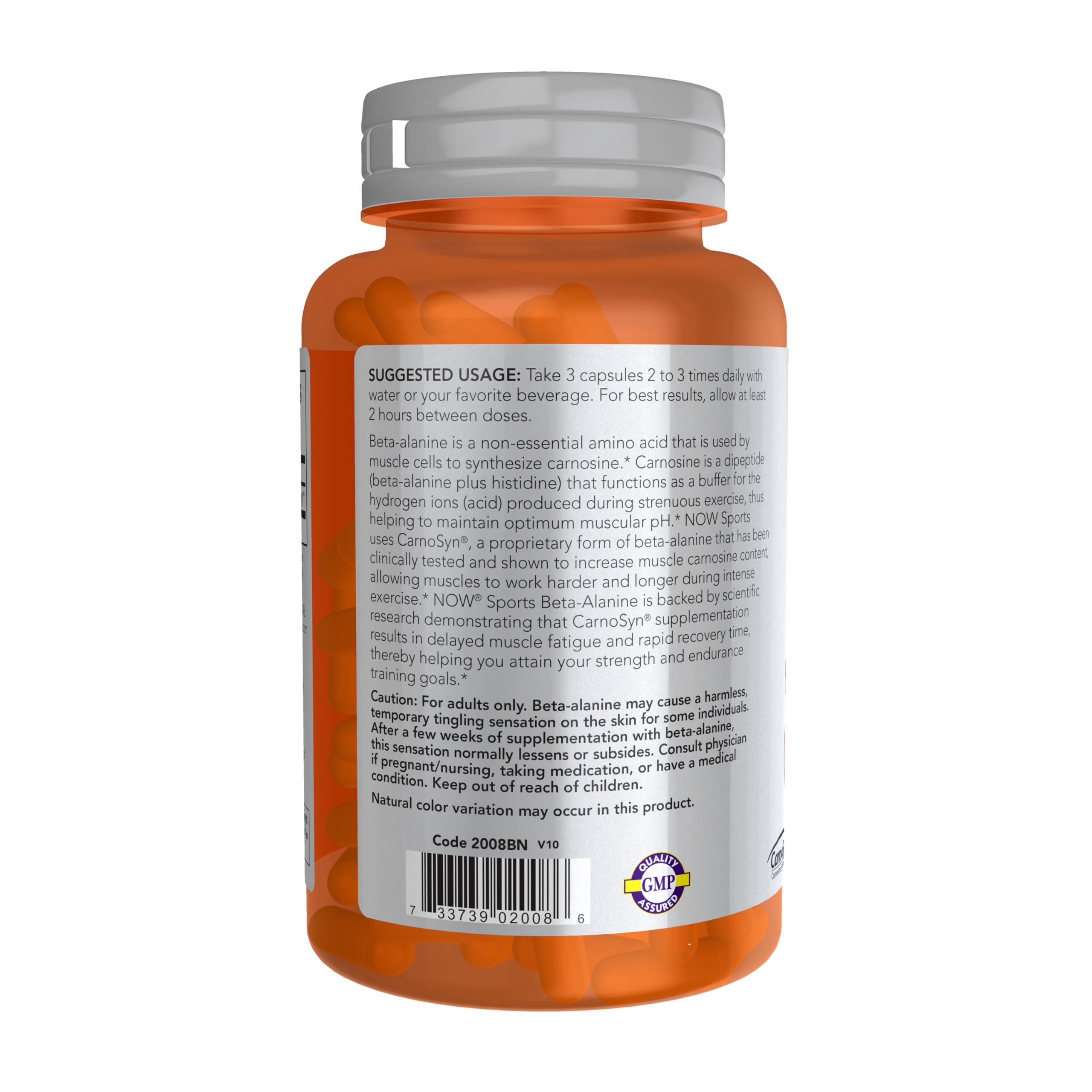 NOW Foods Beta-Alanina 750 mg, etiqueta frontal: información clara para uso diario