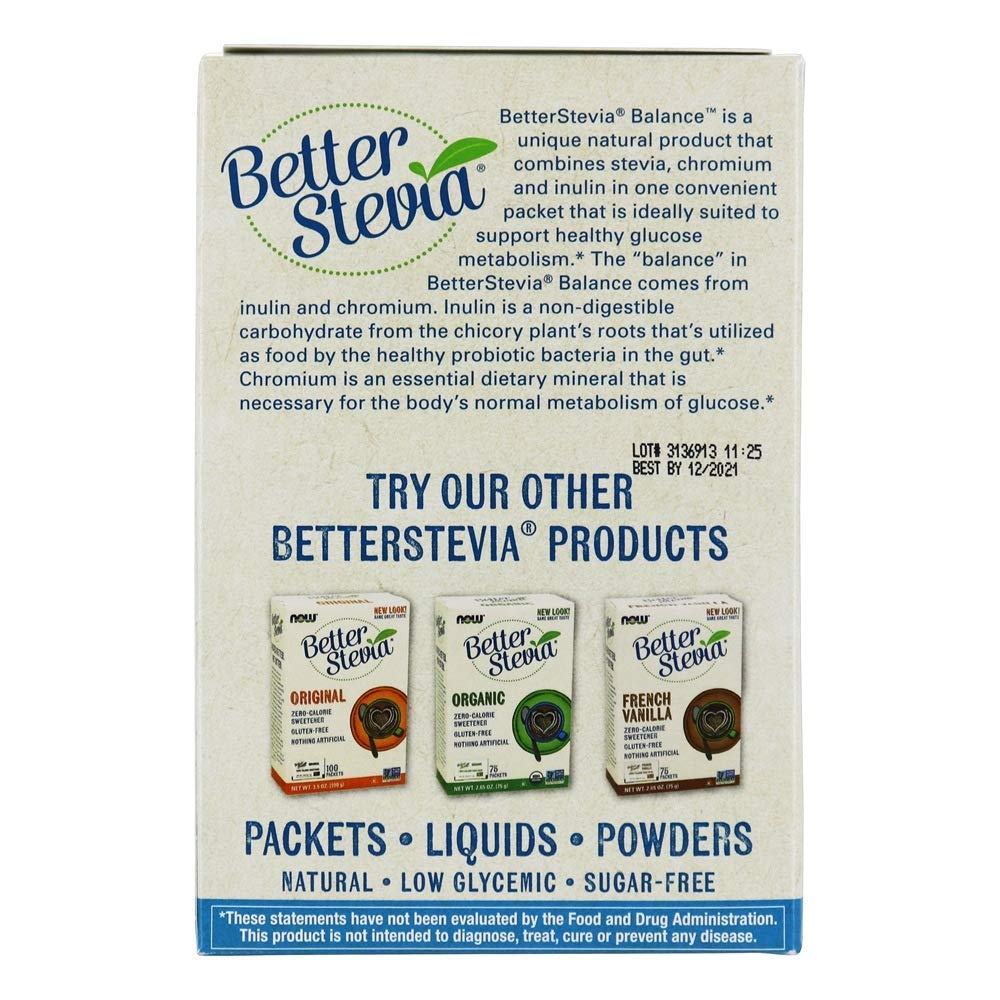 NOW Foods Stevia Balance dosis con 50 mcg de cromo para hábitos conscientes