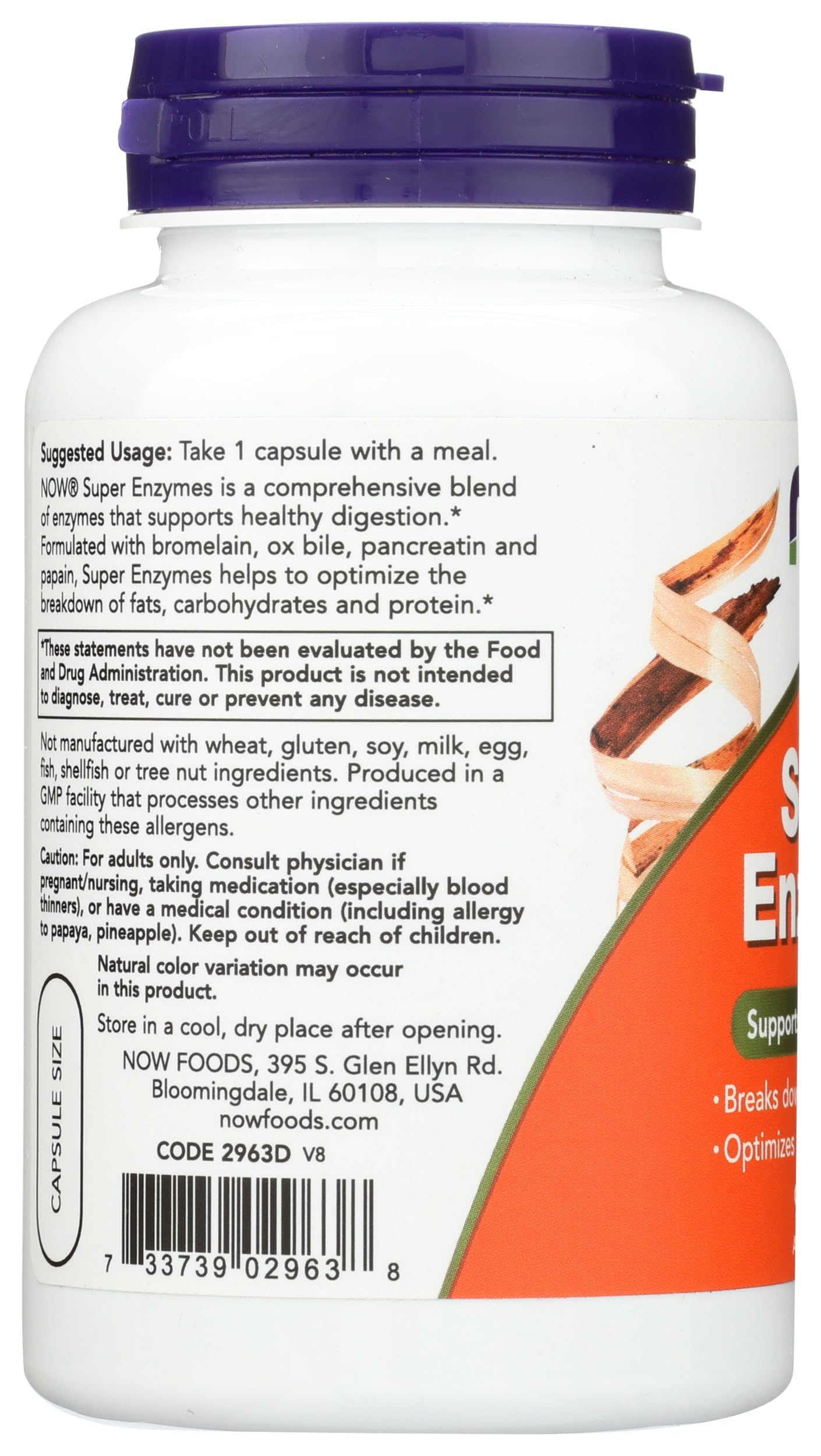 NOW Foods Super Enzimas datos nutricionales visibles en la etiqueta