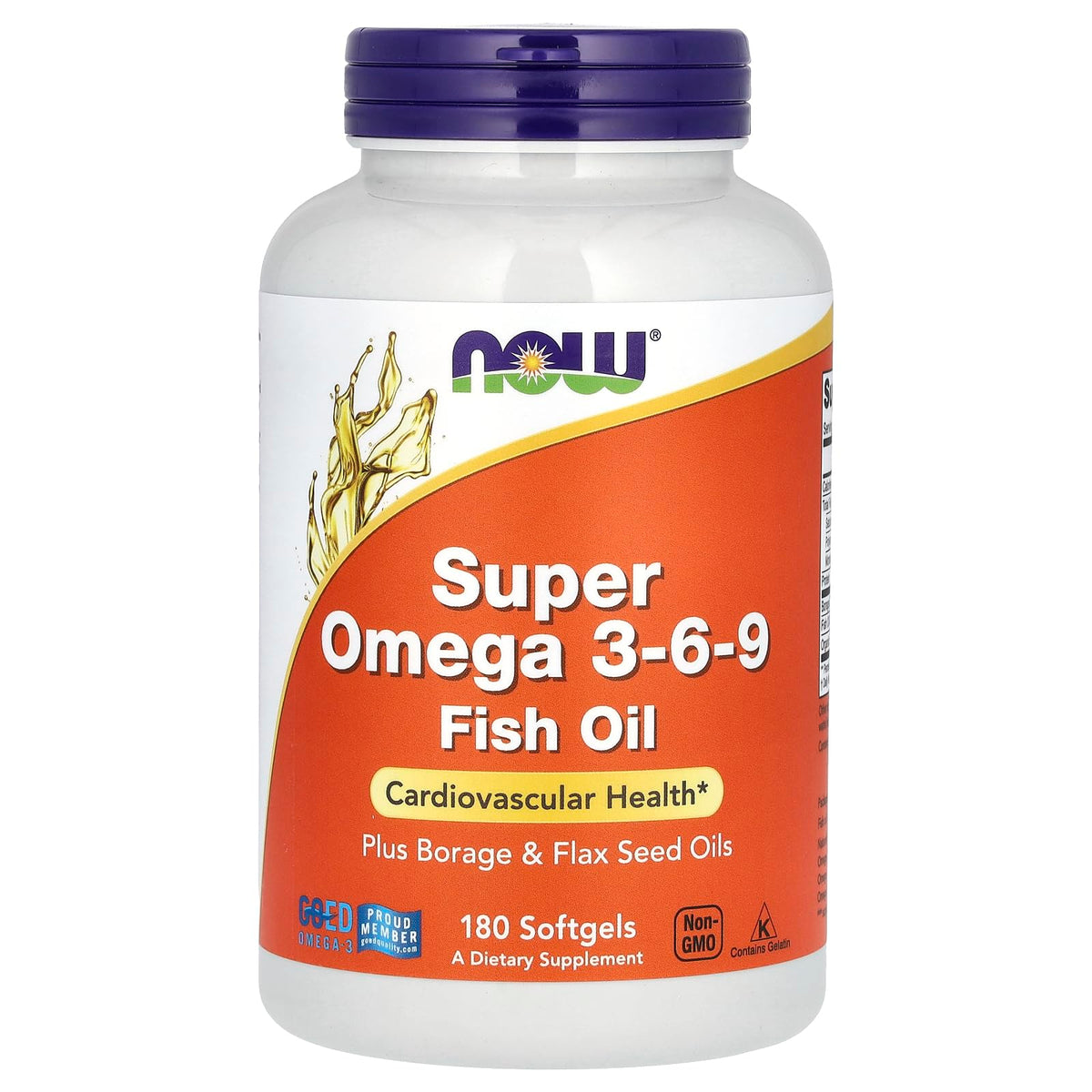 NOW Foods Super Omega 3-6-9, botella frontal, apoyo potencial a la salud cardiovascular.