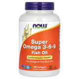 NOW Foods Super Omega 3-6-9, botella frontal, apoyo potencial a la salud cardiovascular.