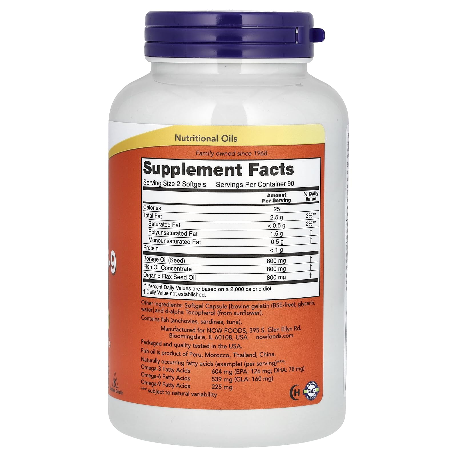 NOW Foods Super Omega 3-6-9, etiqueta de la botella, información de ingredientes.