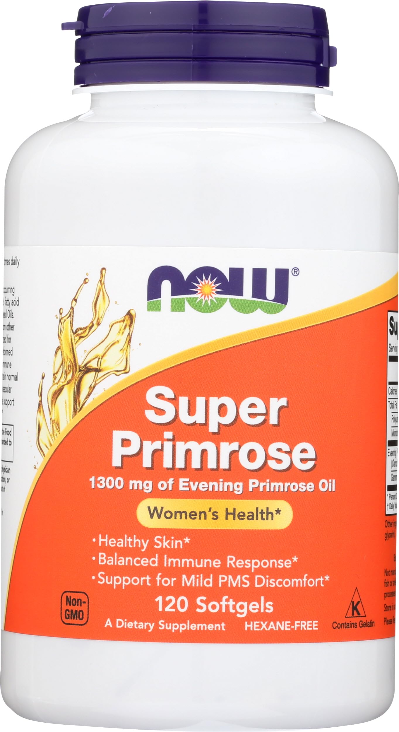 Now Foods Super Primrose 1300mg, botella de cápsulas para apoyo de la piel
