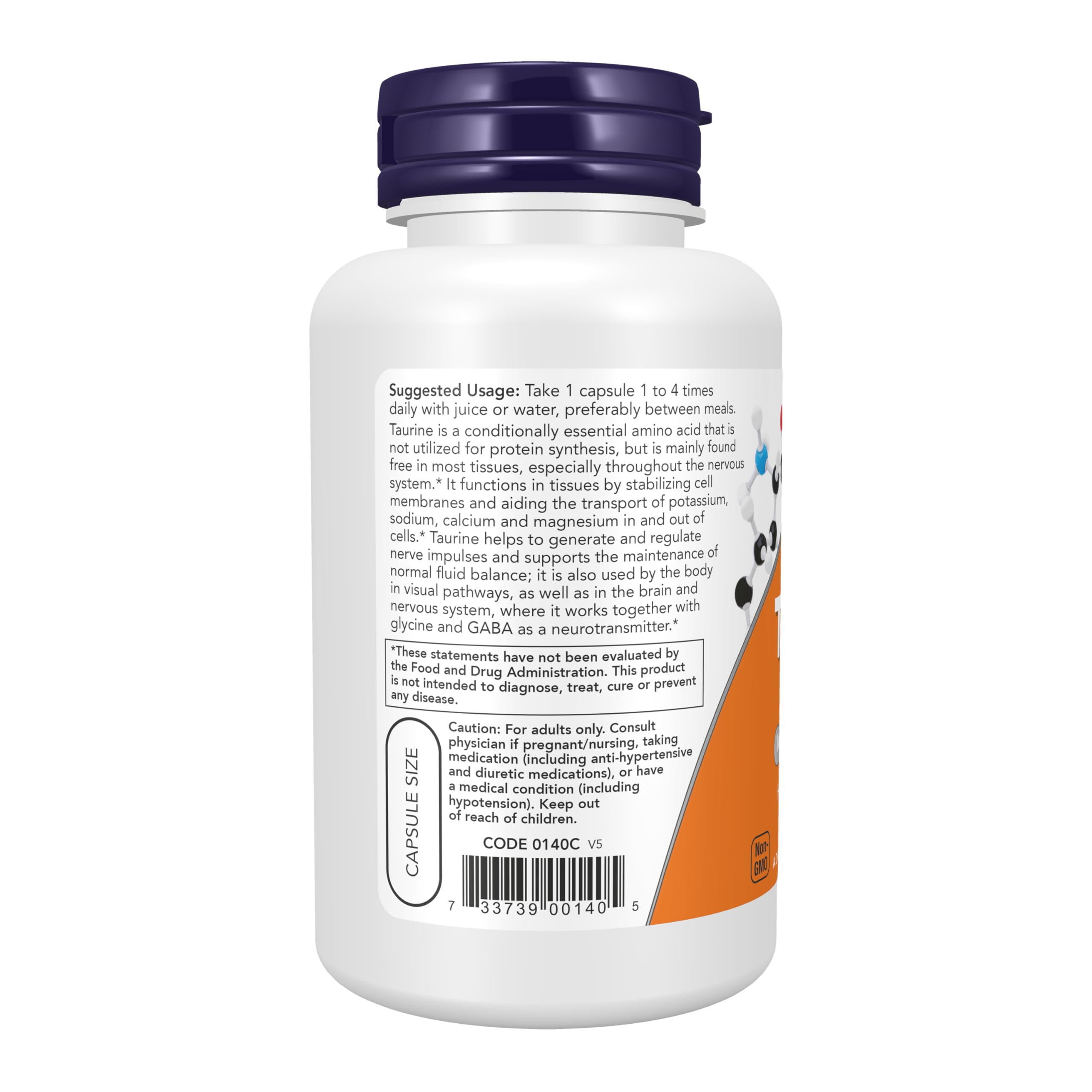  NOW Foods Taurina 500 mg, etiqueta clara para consulta de dosis.