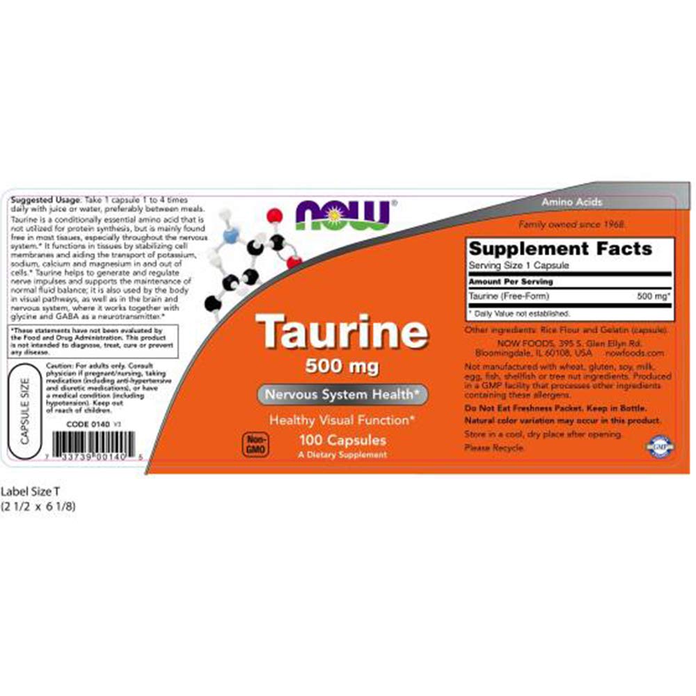 NOW Foods Taurina 500 mg, cápsulas: estabilización de membranas celulares.