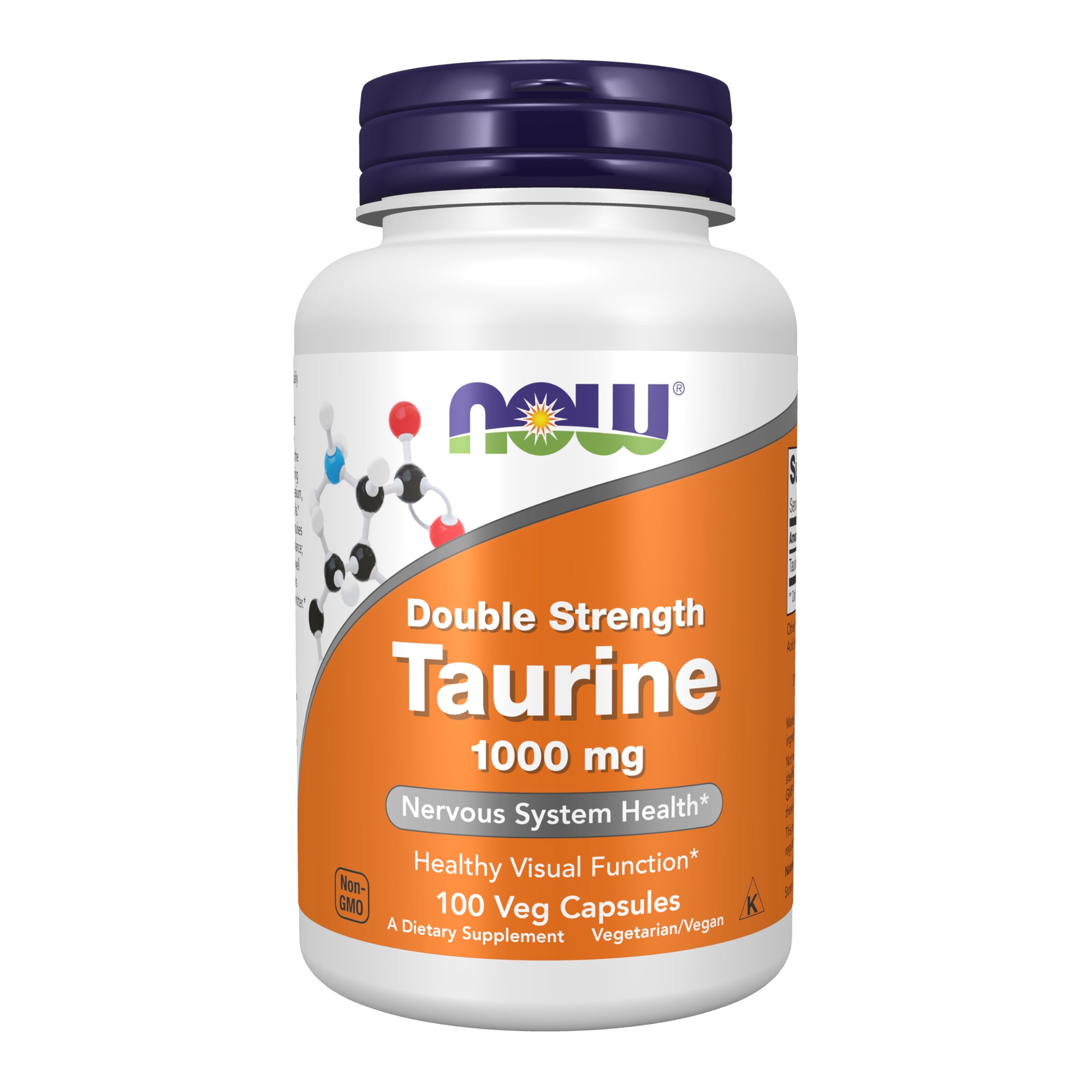 NOW Foods Taurina, botella frente, apoyo al sistema nervioso y equilibrio de fluidos.