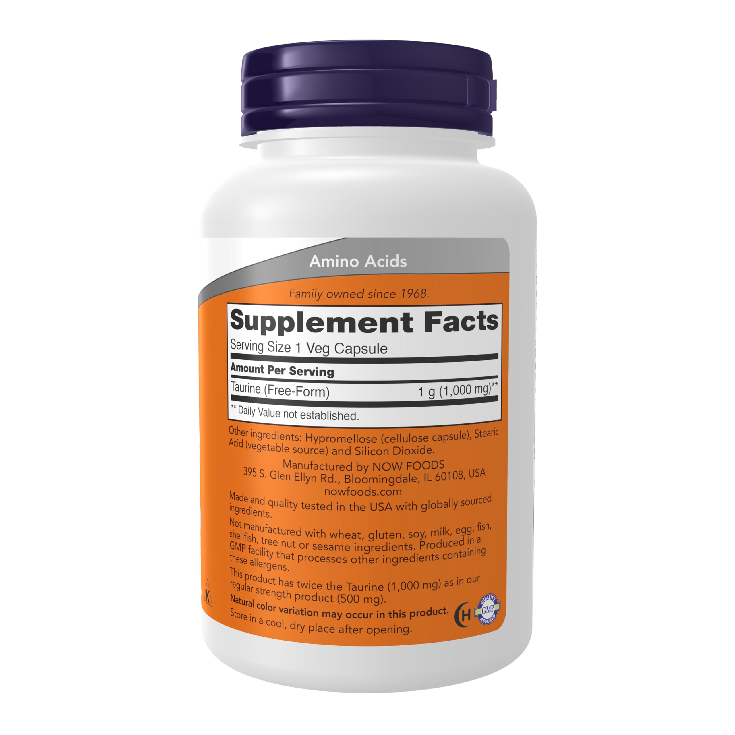 NOW Foods Taurina etiqueta frontal, muestra la potencia de 1000 mg por cápsula.