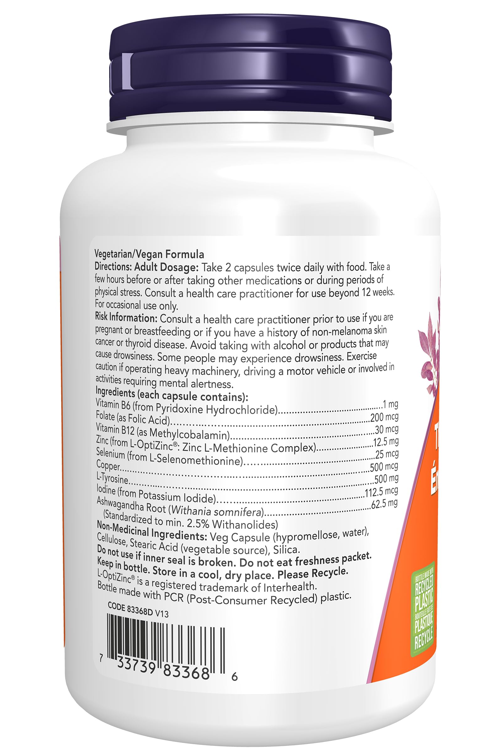 NOW Foods Thyroid Energy, etiqueta de ingredientes, resalta yodo y tirosina para la función tiroidea.