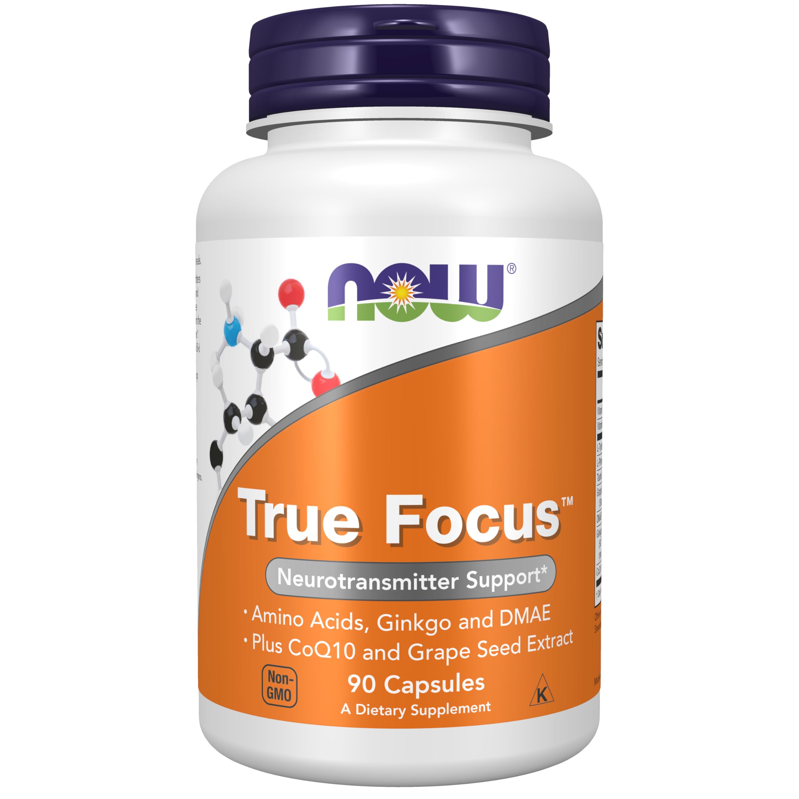 NOW Foods True Focus frasco cercano, apoyo a la claridad mental diaria.