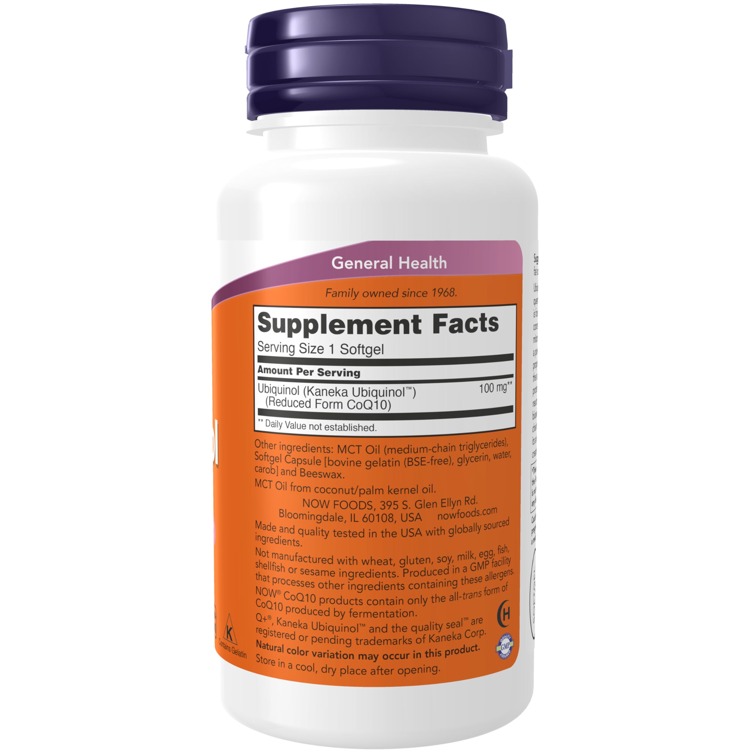 NOW Foods Ubiquinol 100 mg, etiqueta frontal, información clara para la salud diaria.