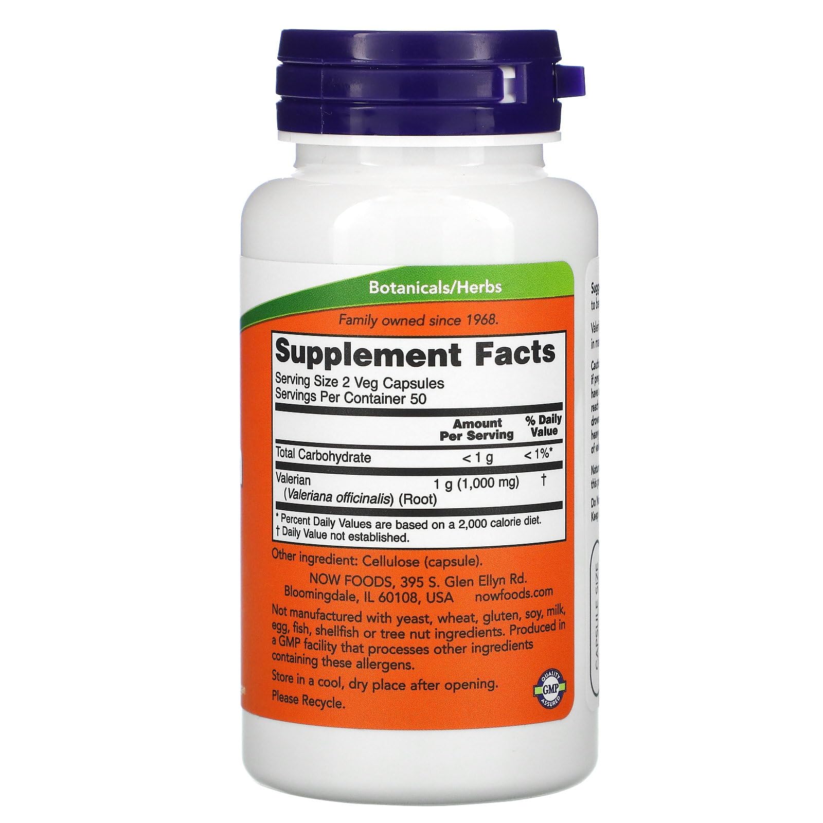 NOW Foods Valeriana Raíz etiqueta con información clara para relajación ocasional