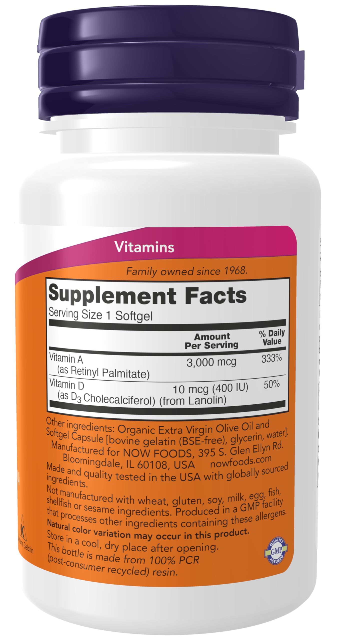 NOW Foods Vitamina A y D cápsulas blandas, uso diario para nutricion equilibrada