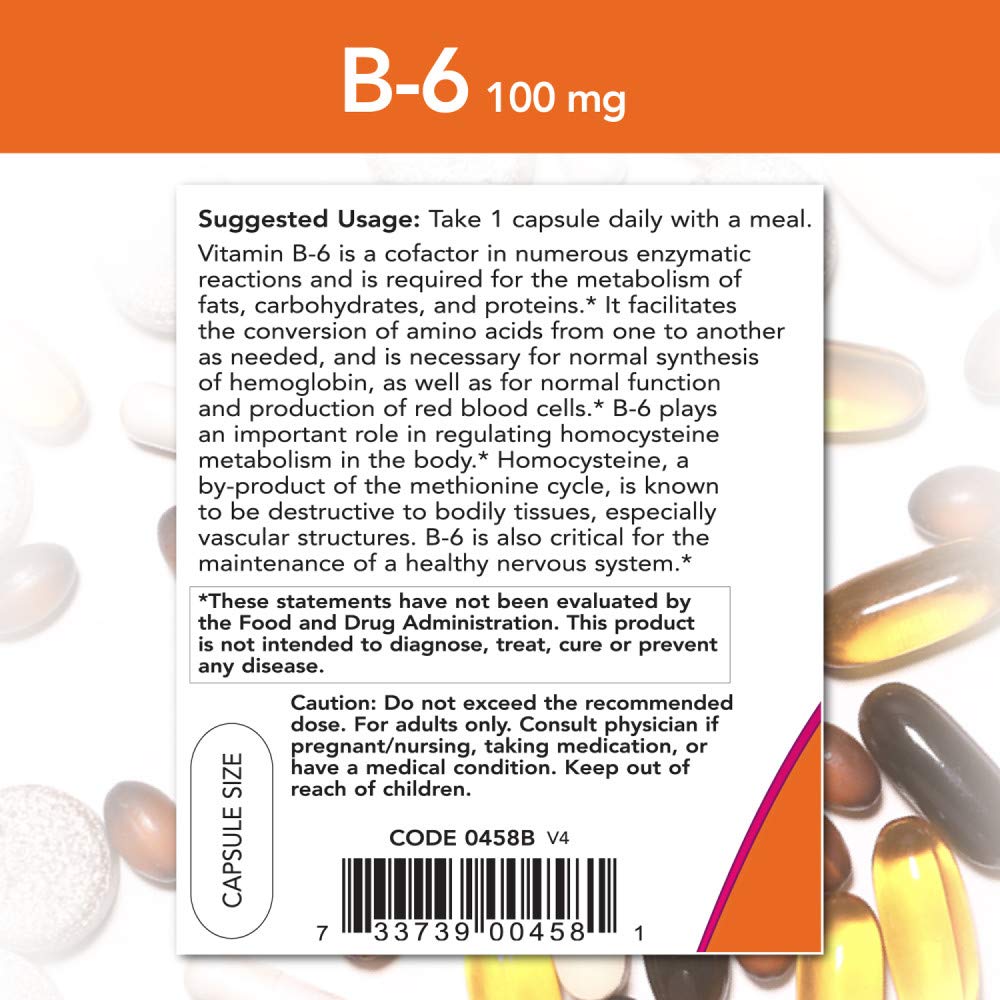 NOW Foods Vitamina B-6 100 mg, etiqueta clara en la caja.