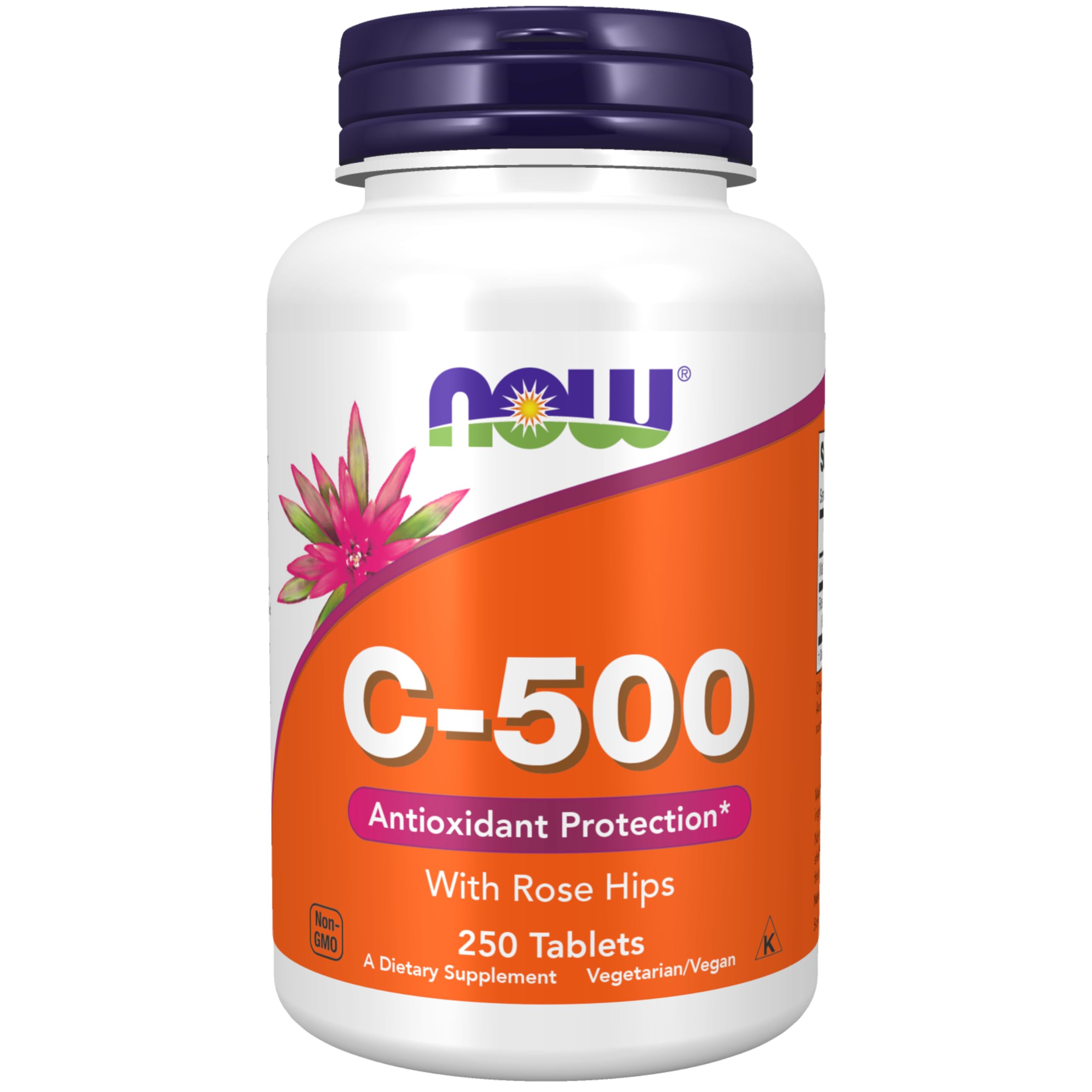 NOW Foods Vitamina C-500 con Rosa Mosqueta, frasco visible; apoya la producción de colágeno.