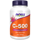 NOW Foods Vitamina C-500 con Rosa Mosqueta, frasco visible; apoya la producción de colágeno.
