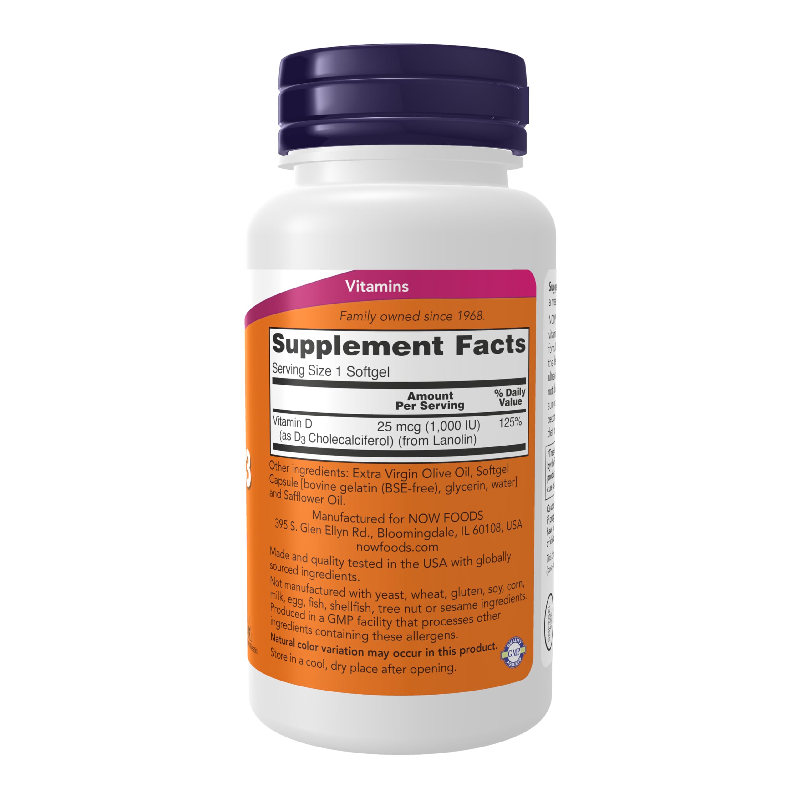 NOW Foods Vitamina D-3 1000 UI, cápsulas para huesos fuertes y dientes sanos.