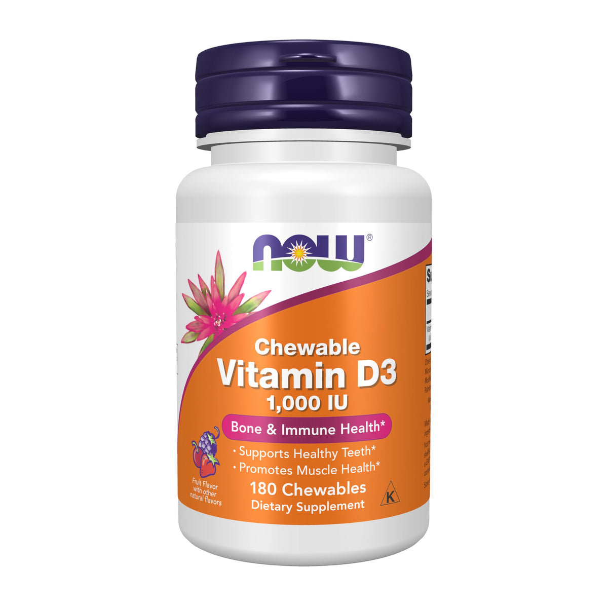 NOW Foods Vitamina D-3 1000 UI, sabor fruta, masticables para ingesta diaria agradable