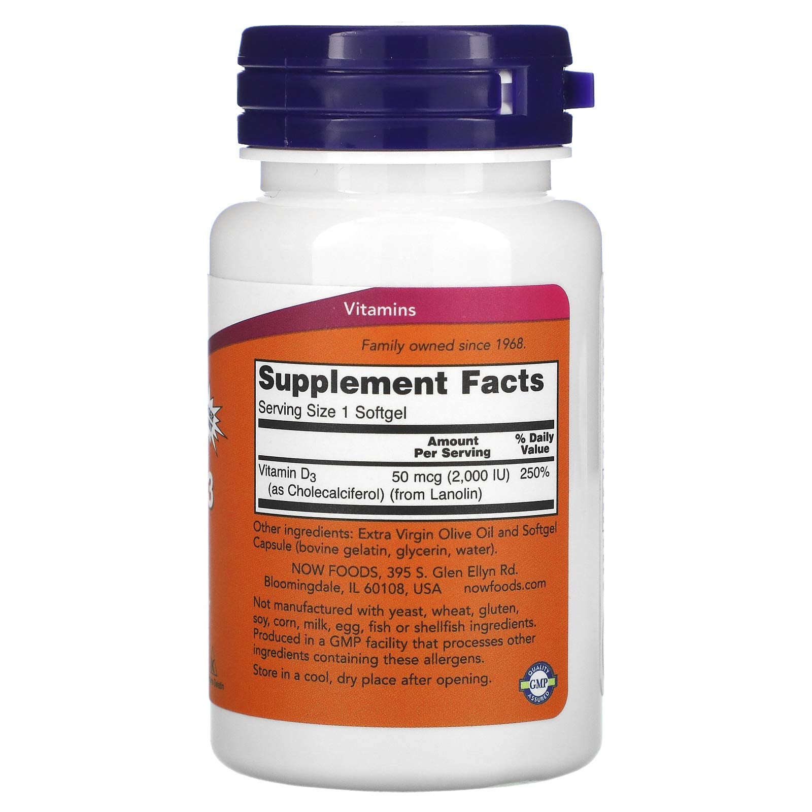 NOW Foods Vitamina D-3, etiqueta frontal, apoyo diario para la salud dental