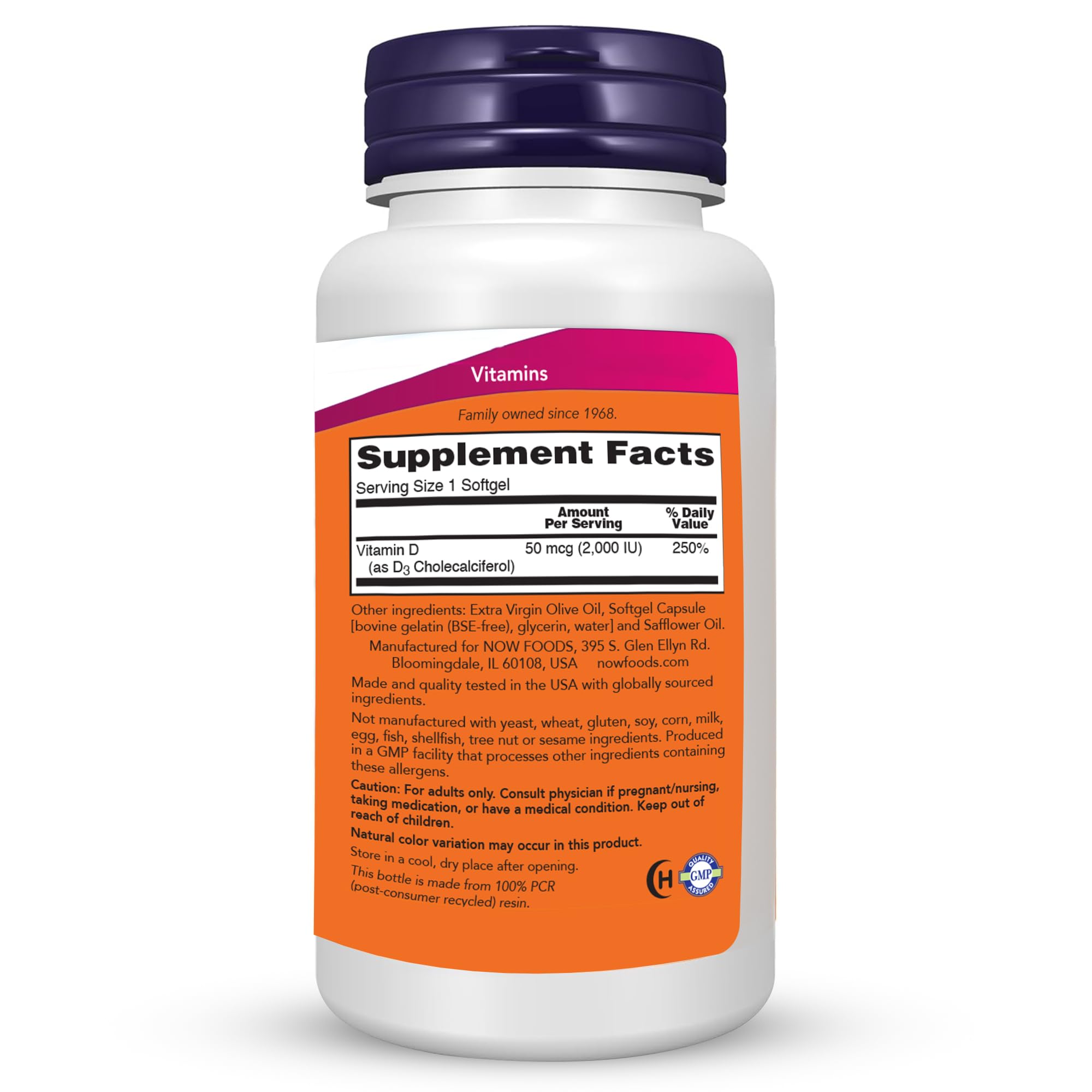 NOW Foods Vitamina D3 2000IU frente de botella para verificar la etiqueta