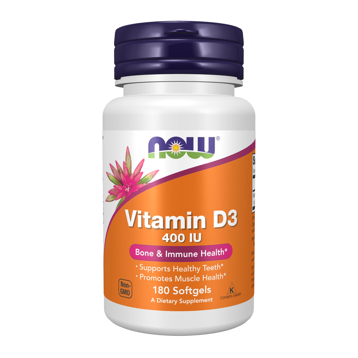 NOW Foods Vitamina D3 400 UI en bote frontal, suplemento de fácil absorción para uso diario.