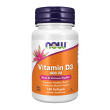 NOW Foods Vitamina D3 400 UI en bote frontal, suplemento de fácil absorción para uso diario.