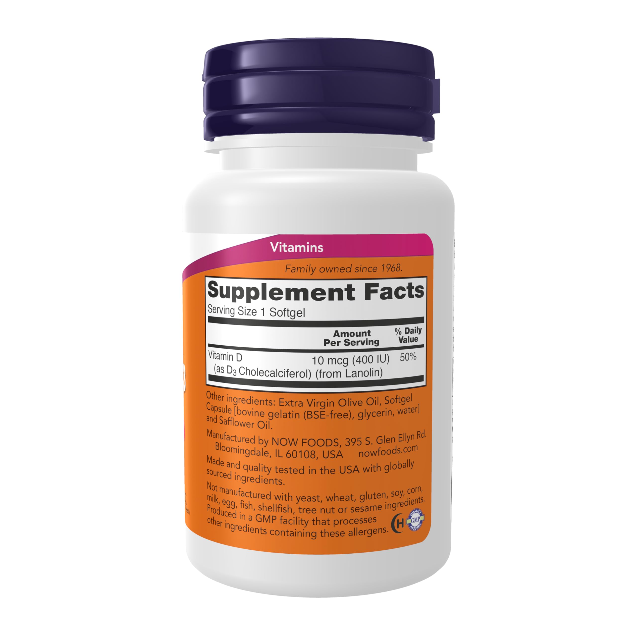 NOW Foods Vitamina D3 400 UI en etiqueta detalle, información clara de ingredientes y dosis.