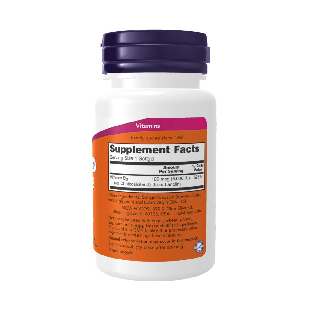 NOW Foods Vitamina D3 5000 UI, cápsulas suaves, posible beneficio para inmunidad saludable.