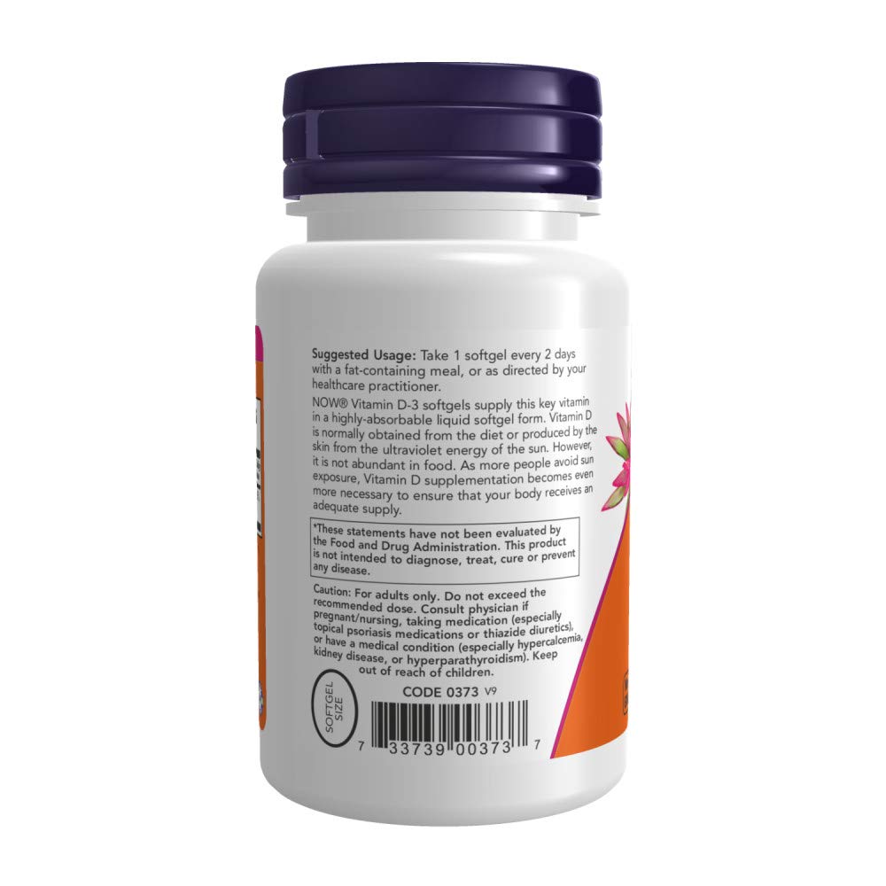 NOW Foods Vitamina D3, cápsulas líquidas fáciles de tragar para uso diario.