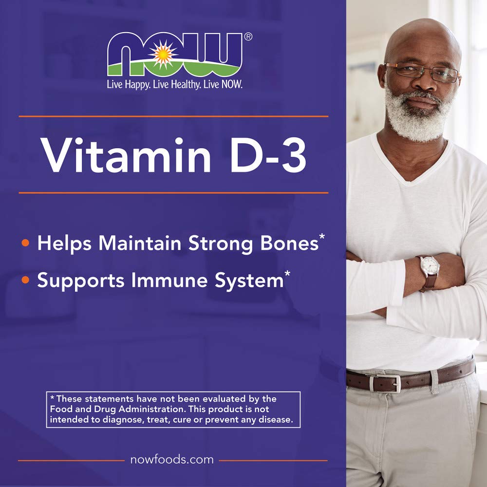 NOW Foods Vitamina D3, fabricado en EE. UU. con certificación GMP.