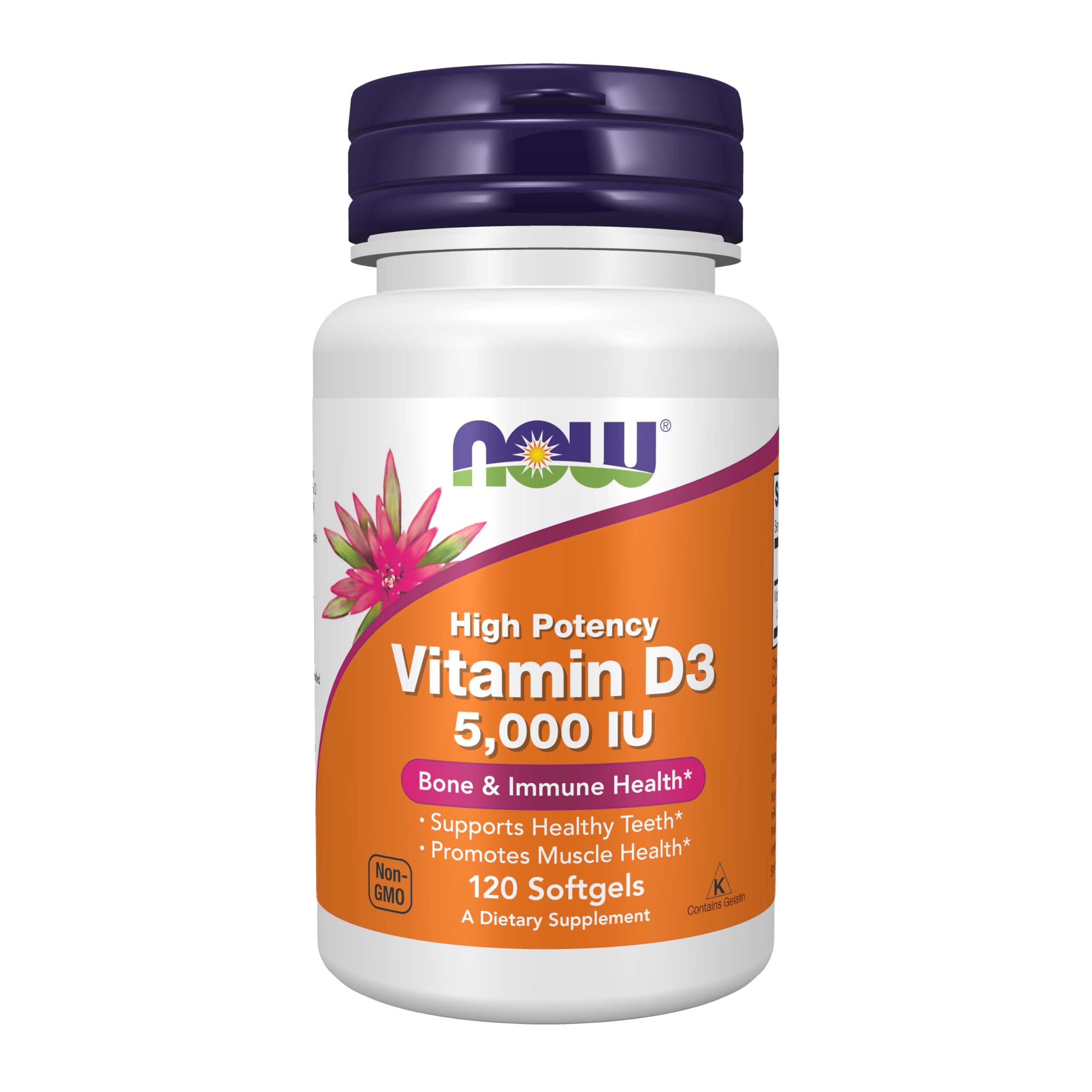 NOW Foods Vitamina D3 5000UI, cápsulas blandas en frasco, soporte para dientes sanos