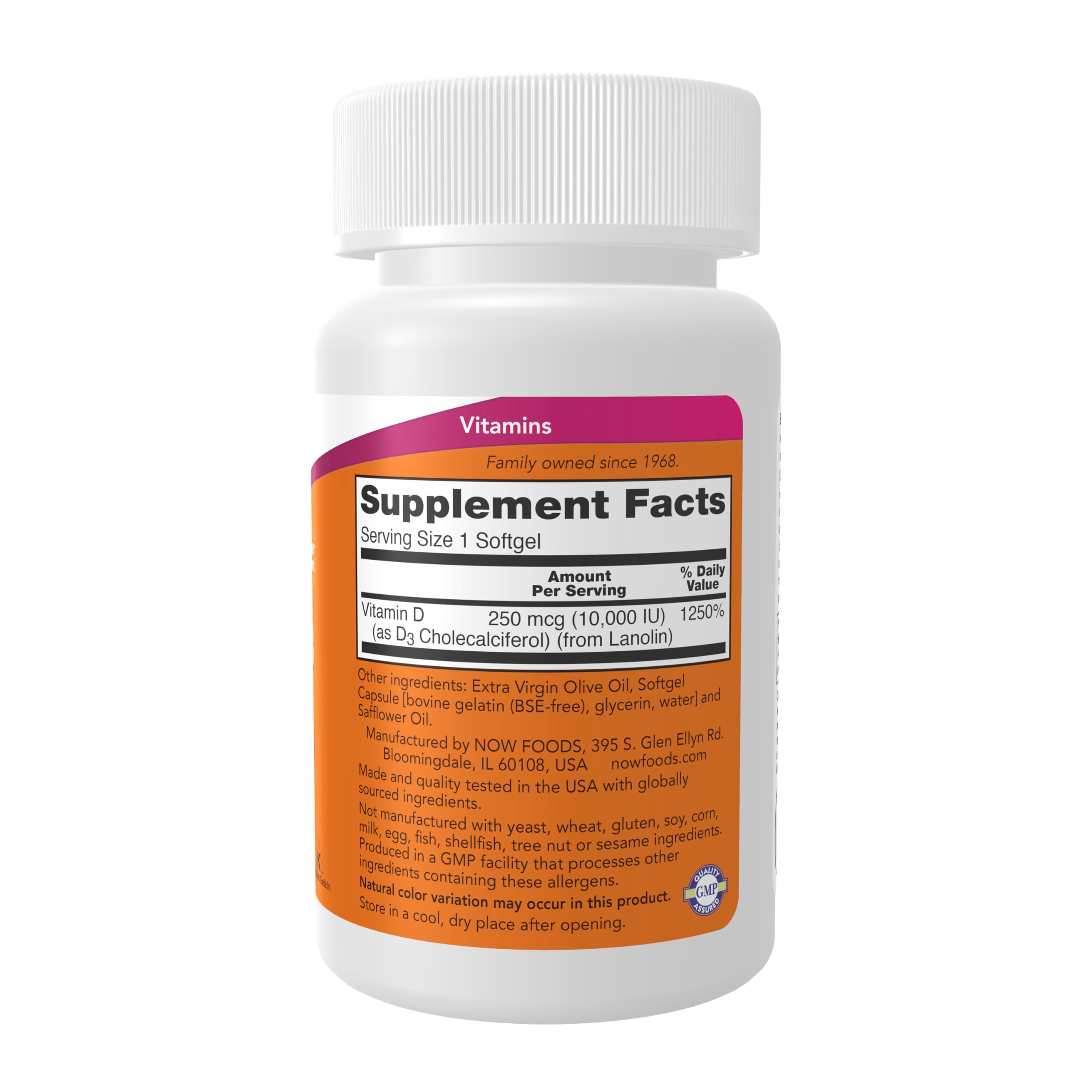 NOW Foods Vitamina D3 Etiqueta detalle, ver etiqueta para conocer composición y beneficios.